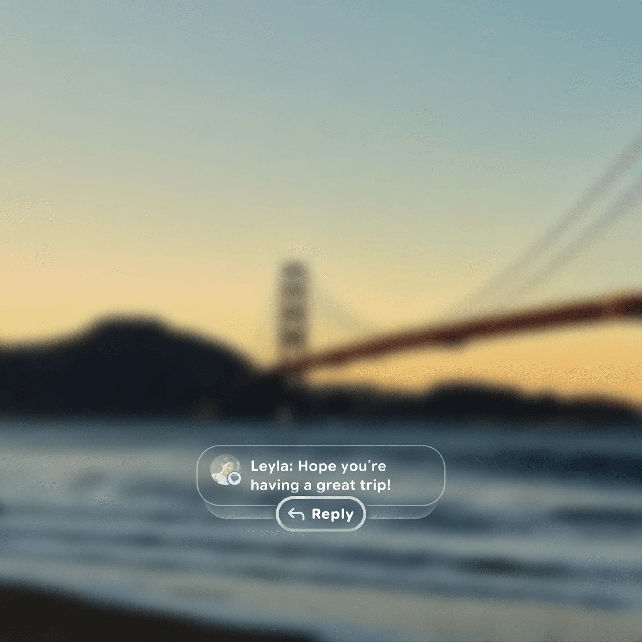 Point-of-view montage of transparent UI on XR glasses: a message, hiking stats, bird ID, and a scrolling calendar.