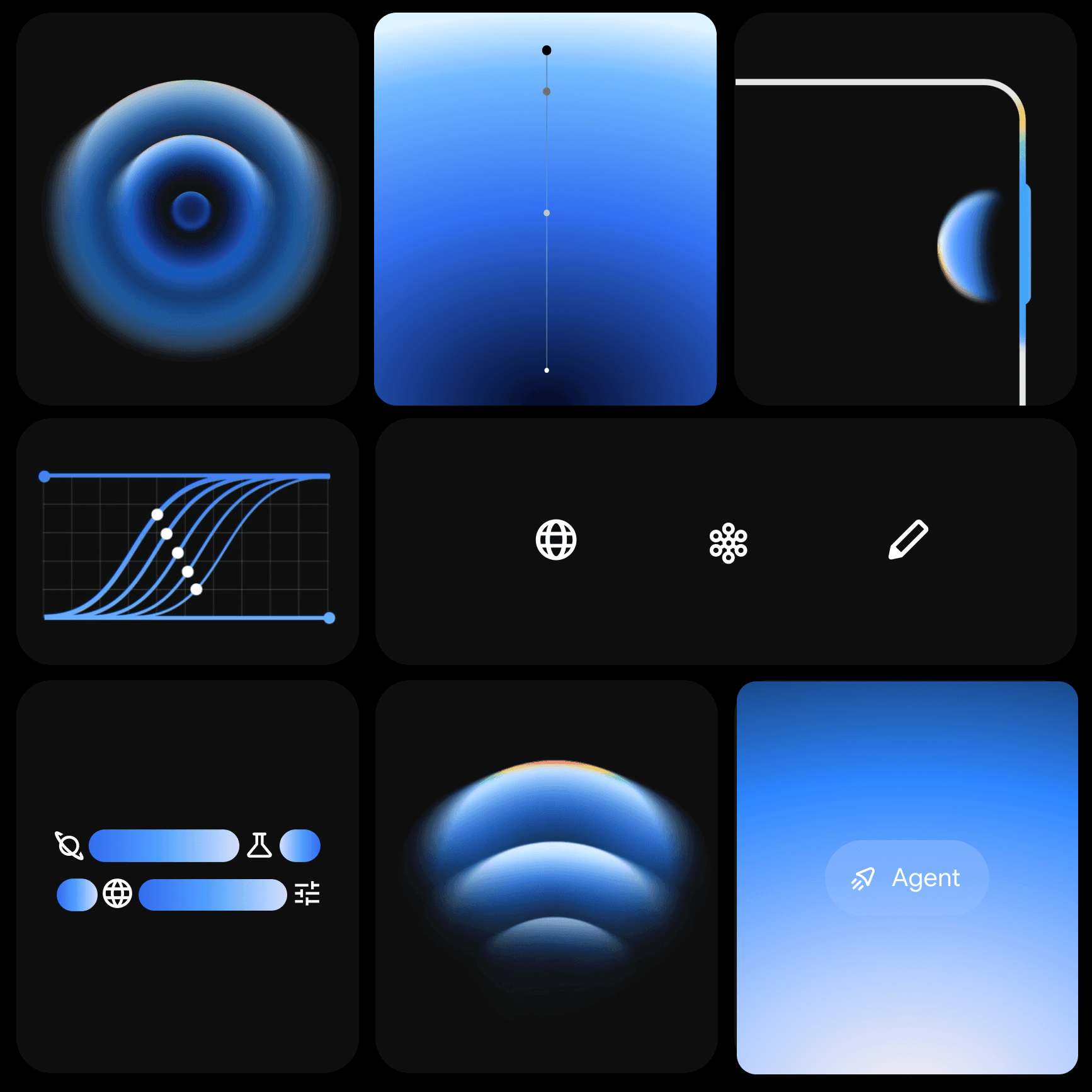 A grid of eight dark tiles features pulsing blue gradients, animated UI elements, and glowing icons.