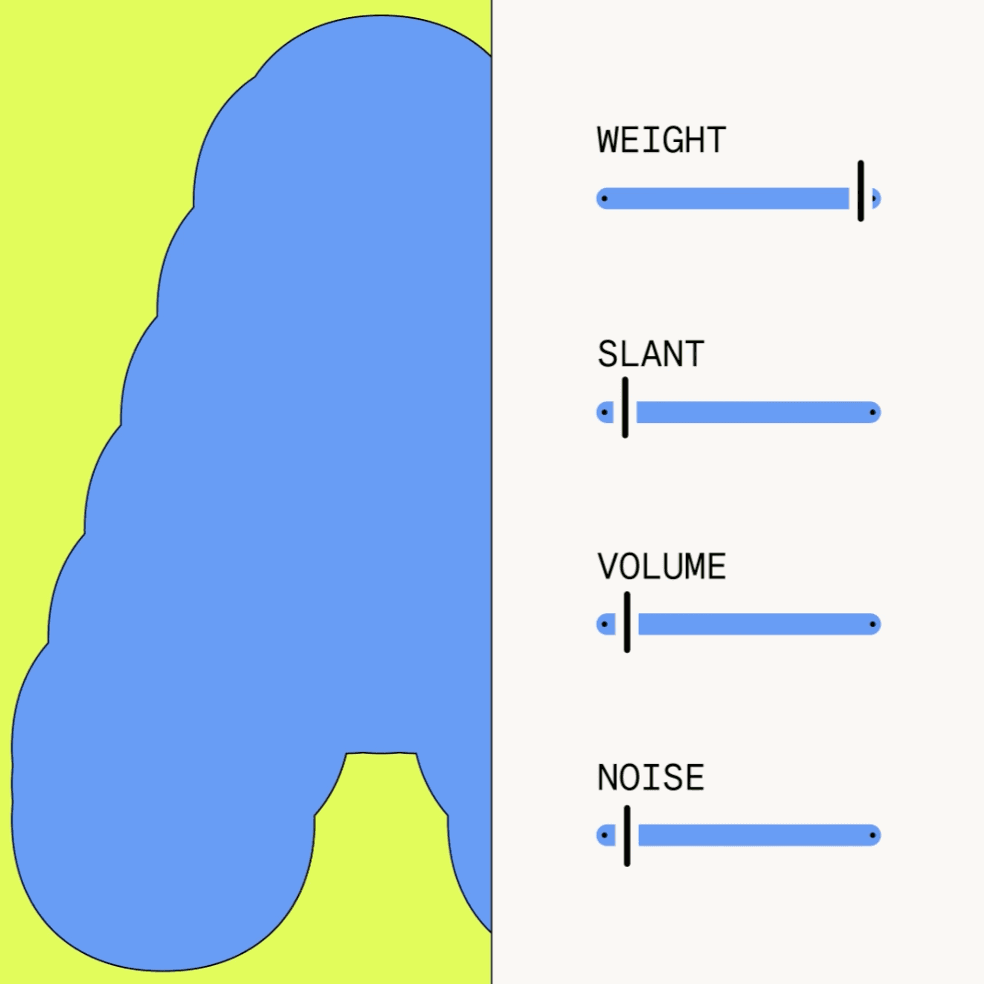 Morphing blue letters on a lime-green background are overlaid with sliders changing the font’s weight, slant, volume, and noise.