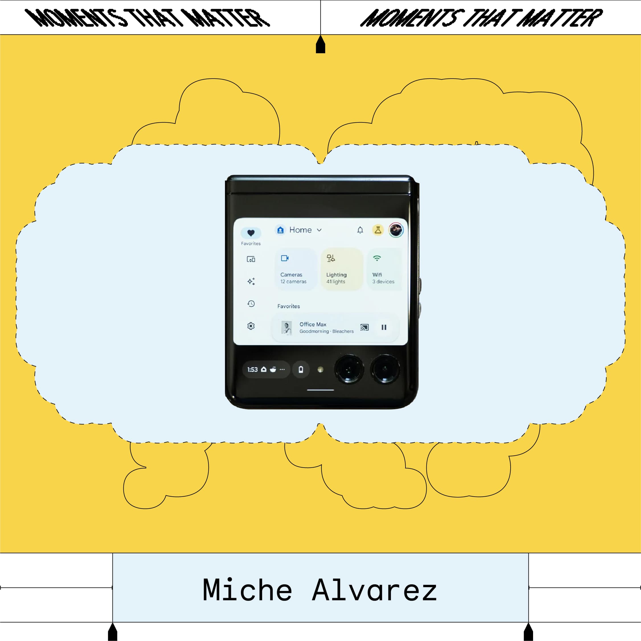 A black-and-white headshot of Miche Alvarez overlaying overlaying a screengrab of the Google Home app.