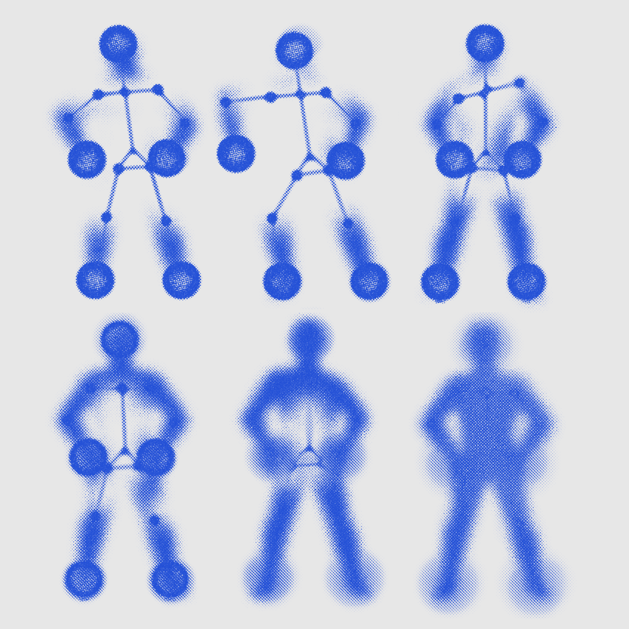 A series of 12 figures, made of tiny blue dots, changing from defined shapes to blurry ones
