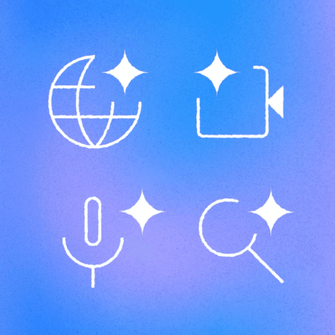 6 system icons, each with an AI sparkle, including a play button, microphone, magnifying glass, edit tool, globe, & file upload