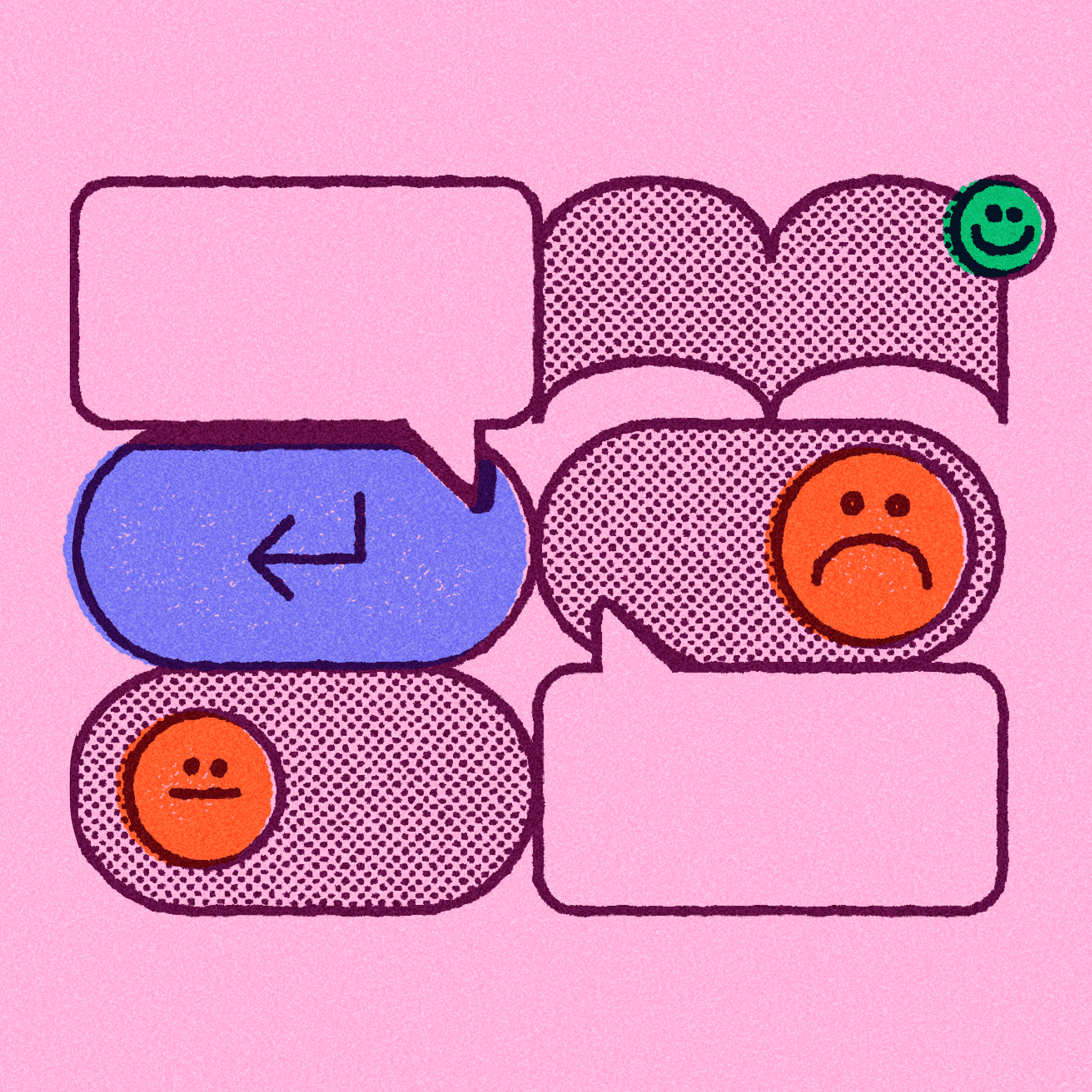 Happy, sad, and neutral faces over comment bubbles and UI buttons