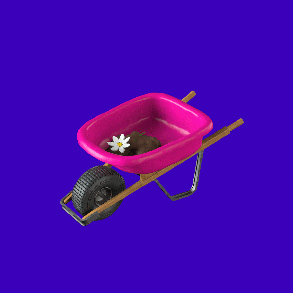Pink wheelbarrow with one wheel carries a clump of dirt and single daisy.