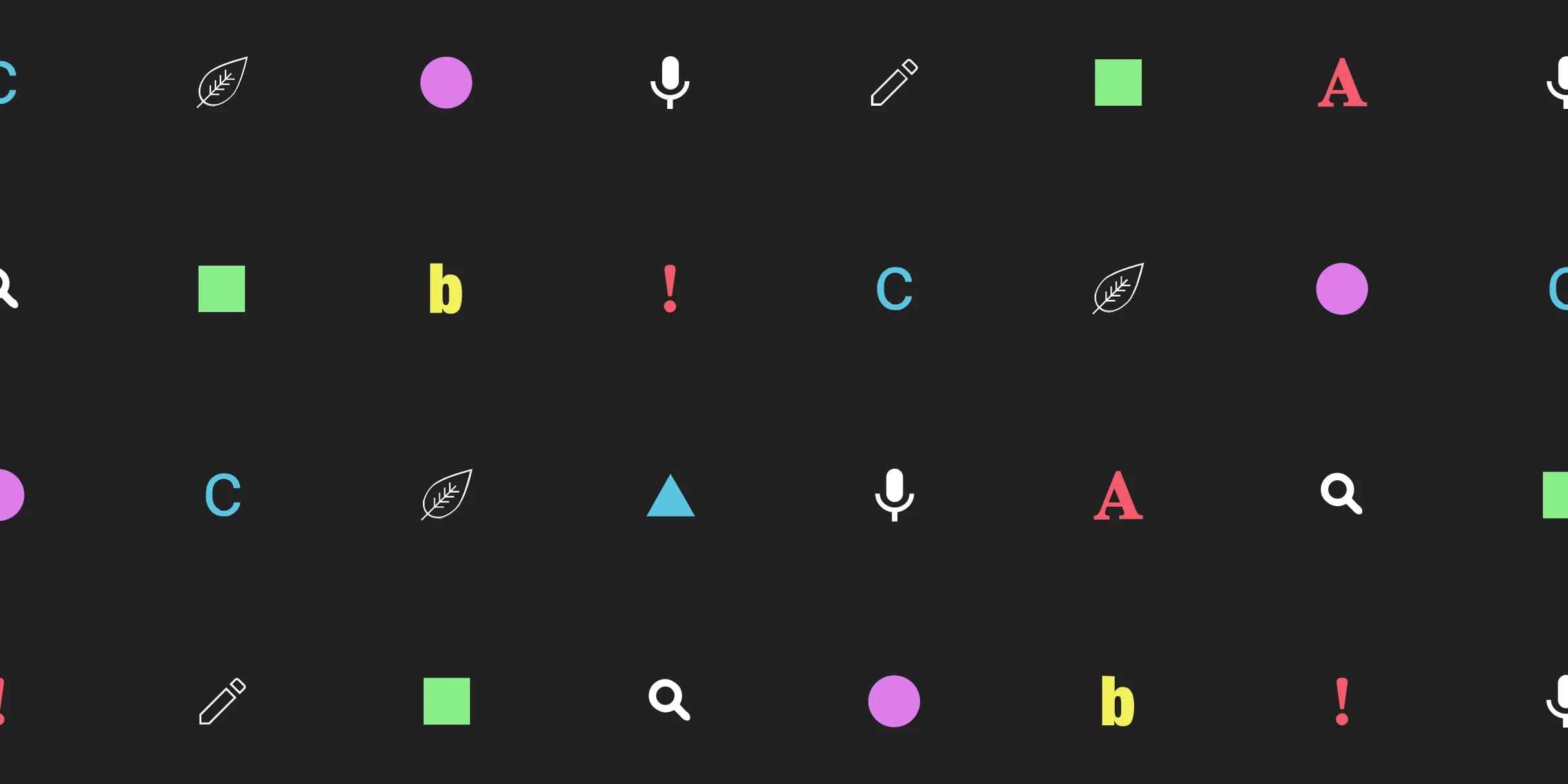 Colorful pattern of letters, shapes, and symbols like a microphone, pencil, and magnifying glass on a dark background.