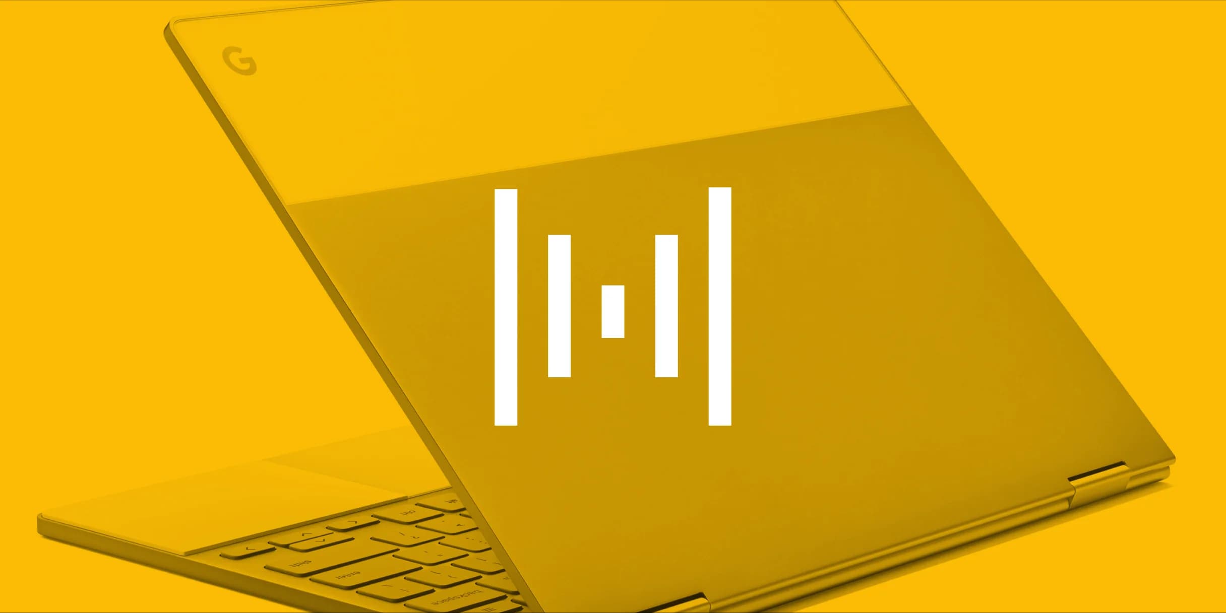 Yellow Chromebook angled with lid open, revealing keyboard.