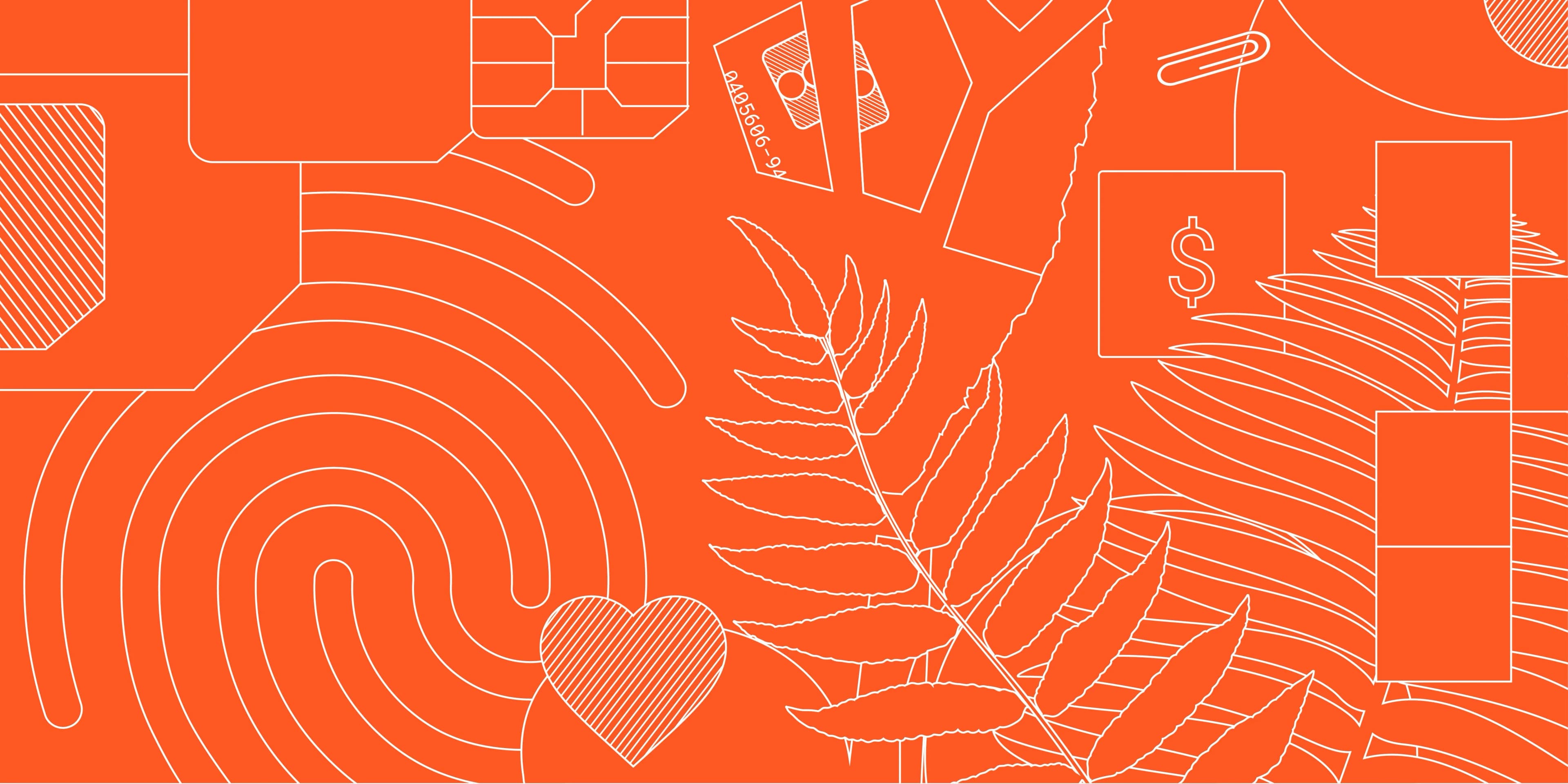 Orange background with white line art of fingerprint, credit card chip, fern leaves, heart, dollar sign, and abstract shapes.