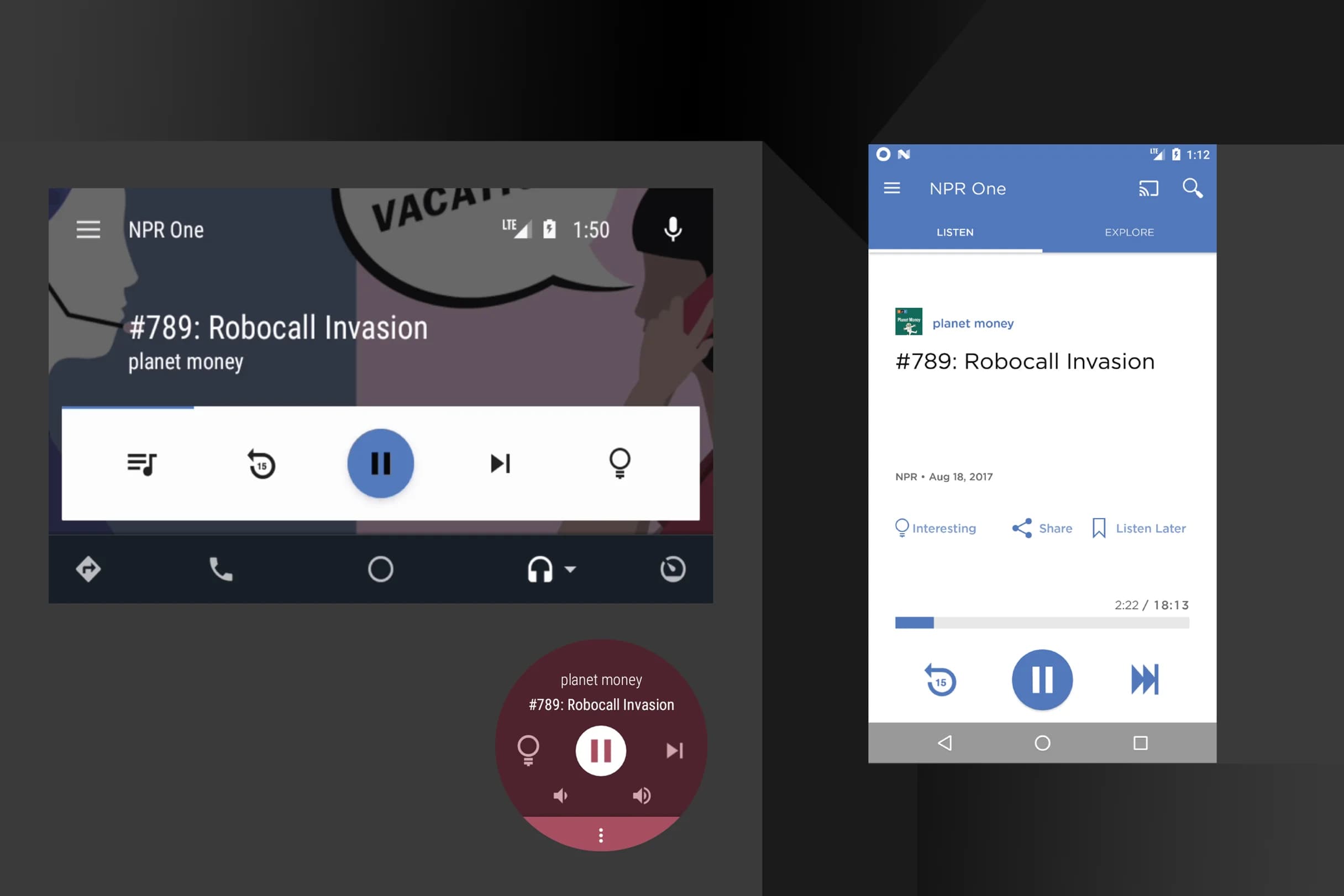 NPR app displays "Planet Money #789: Robocall Invasion" on car display, phone, and smartwatch. The podcast is paused.
