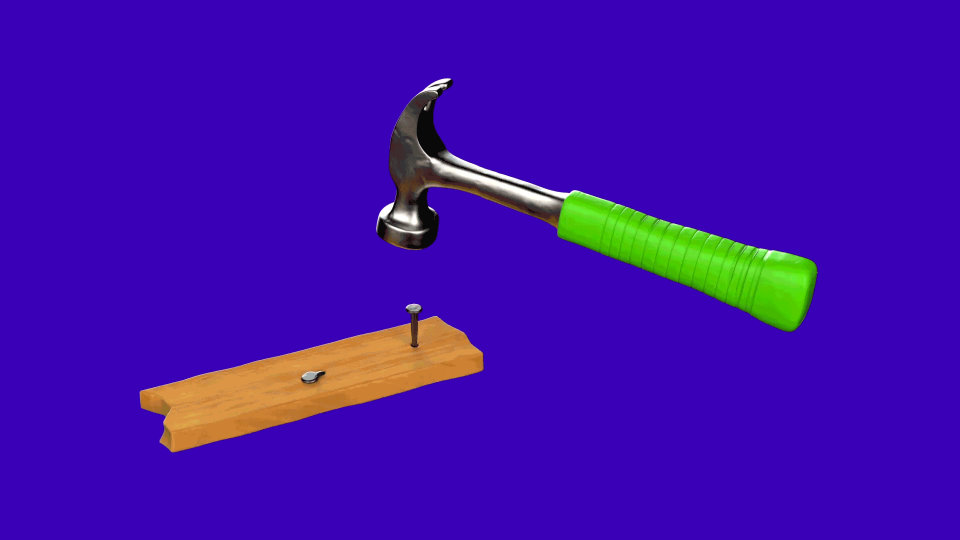 Hammer with green handle poised above nail and wood plank on blue background.