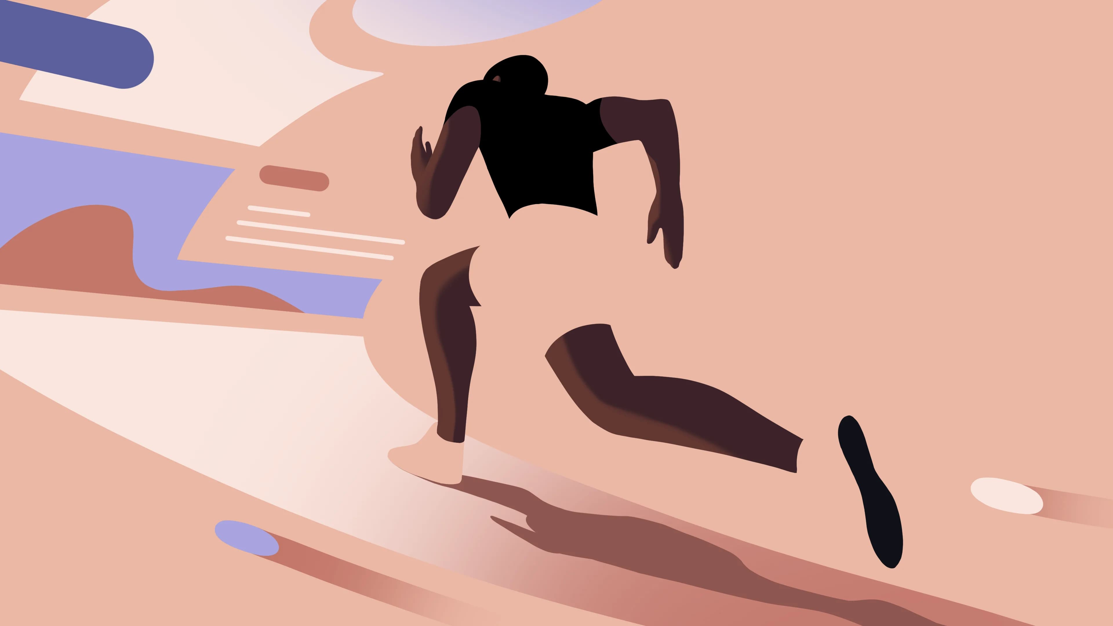 Runner in dark clothing sprints across a peach background with abstract shapes in lavender and brown.