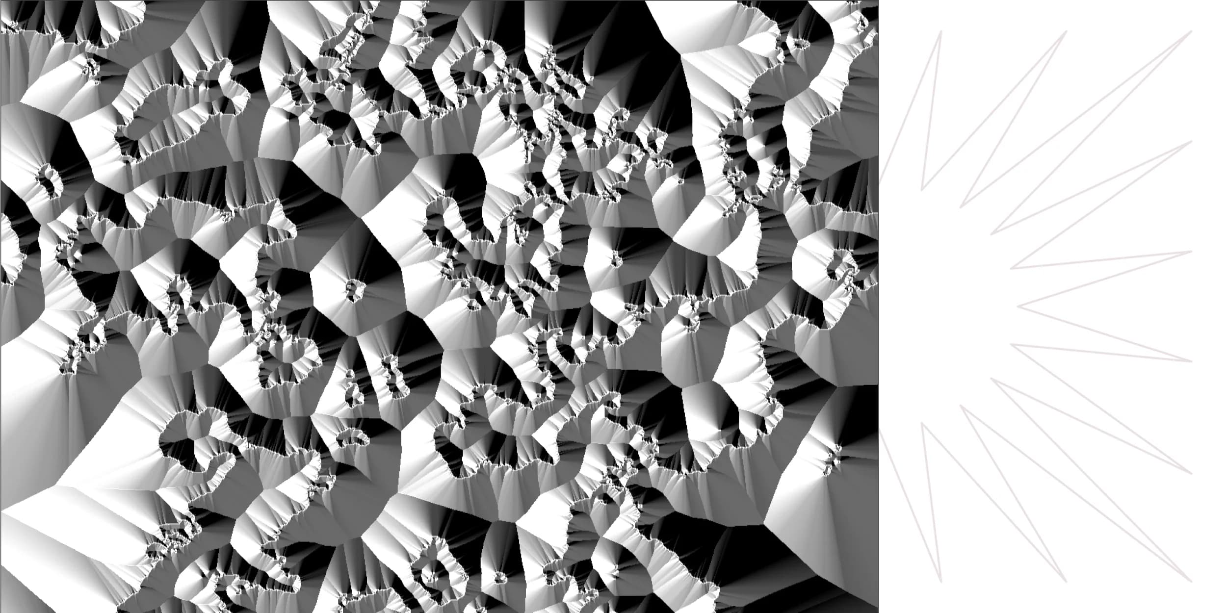 Abstract black and white fractal pattern resembles a Voronoi diagram, with shaded, polygonal shapes creating a textured, organic effect.
