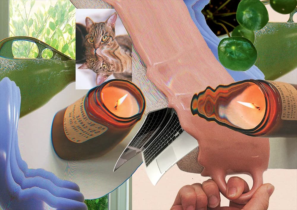 Surreal collage of a tabby cat, melting candles, a laptop, houseplant, and disembodied hands.