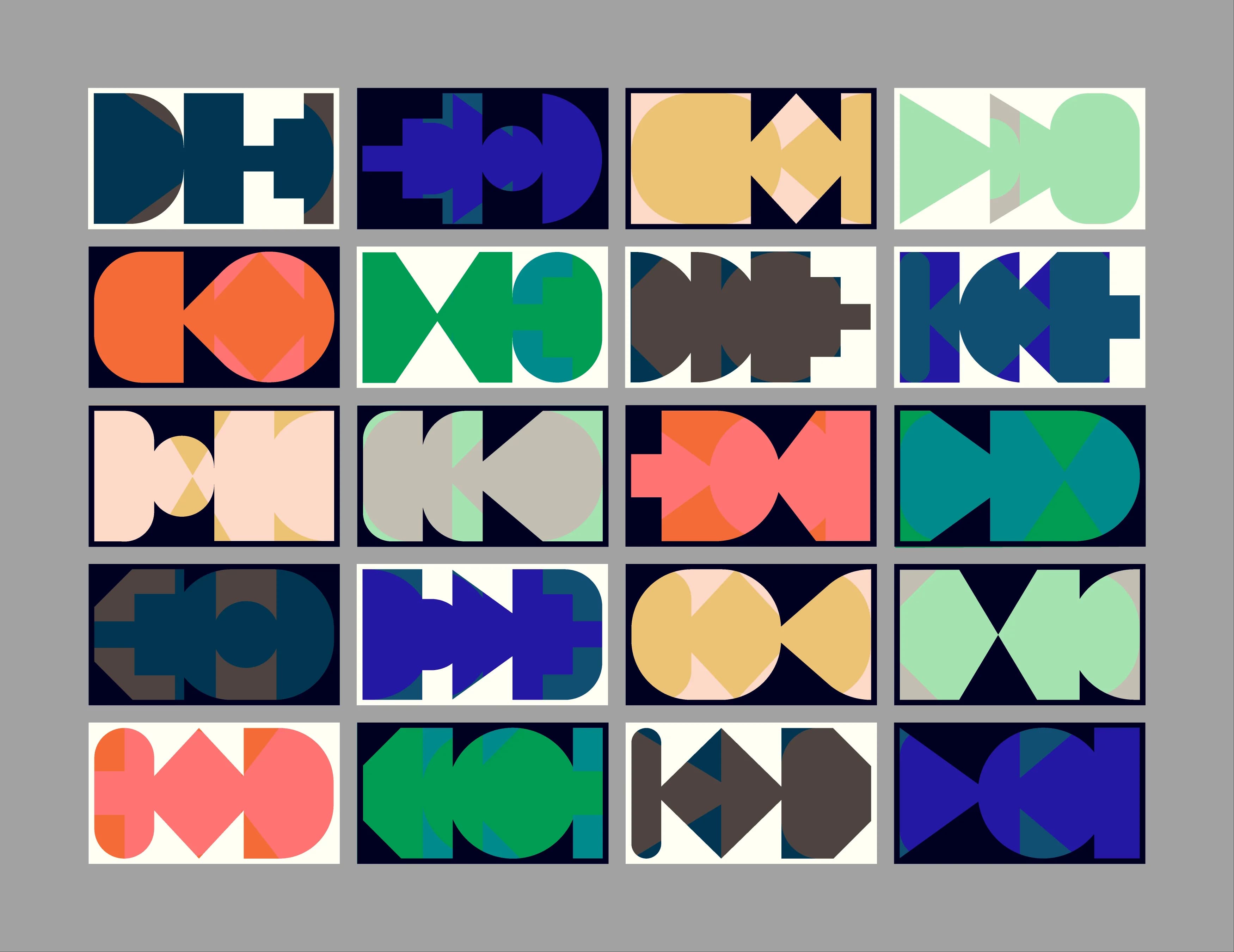 Twenty colorful, abstract designs feature geometric shapes arranged on rectangular cards in four rows of five.