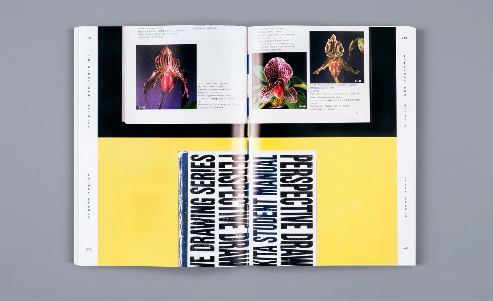 Open book spread showing photos of orchids, text descriptions, and a yellow section with the title "Perspective Drawing" partially obscured by the book fold.