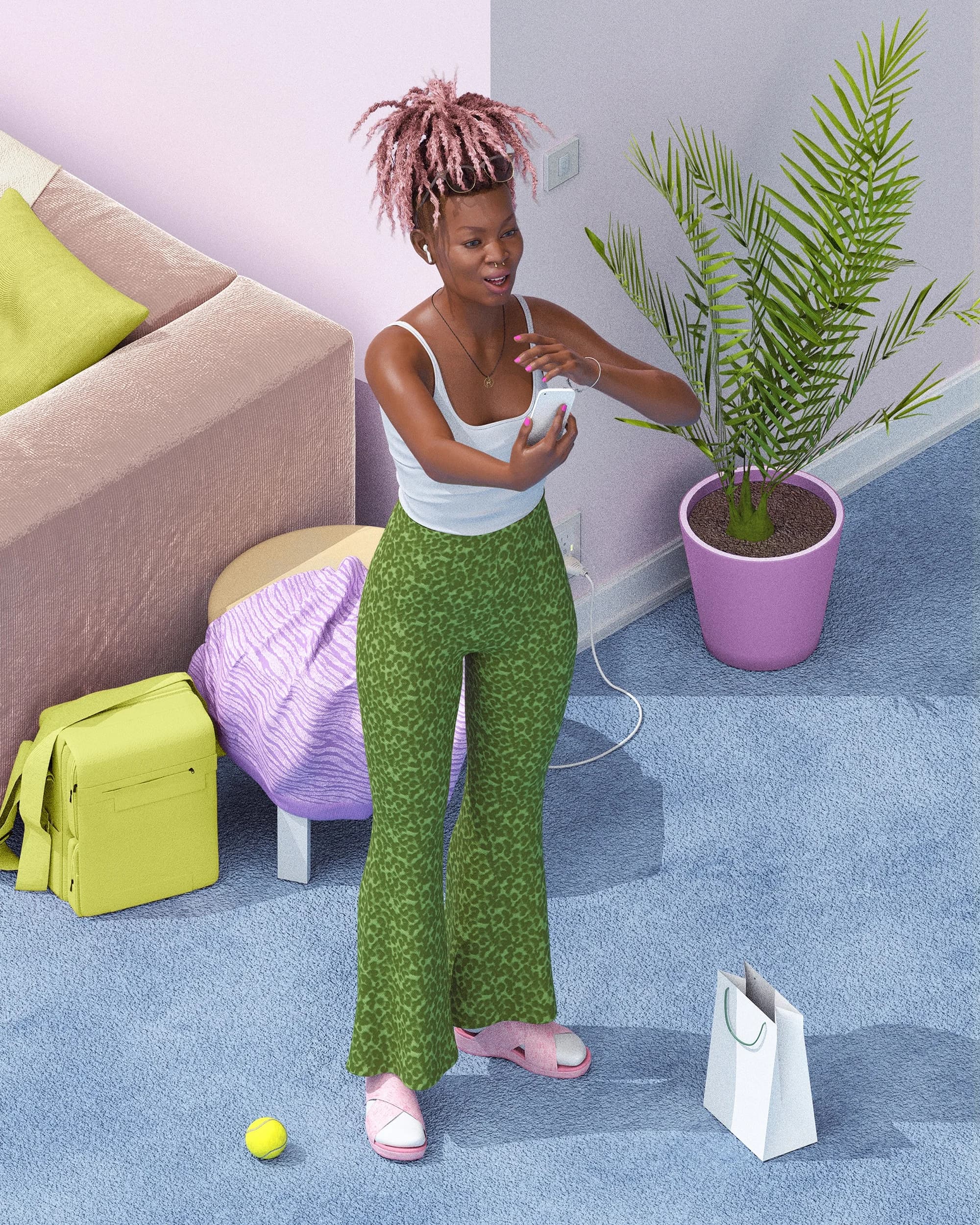 A young woman with pink dreadlocks stands on a blue, textured carpet, recording a video on her phone. A lime green bag, shopping bag, and potted plant rest nearby.
