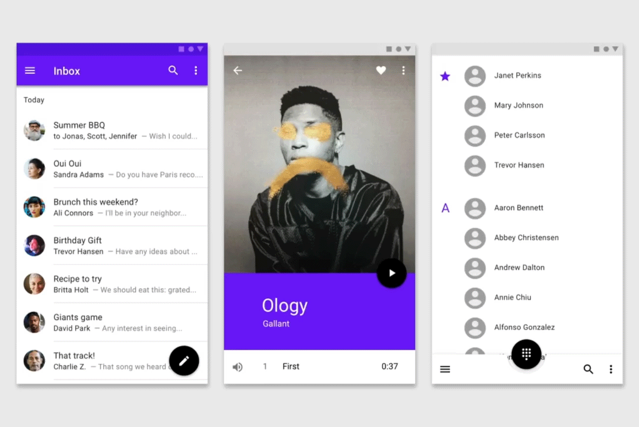 3 screens of a music app display an inbox, album art for Ology by Gallant, and a contact list.