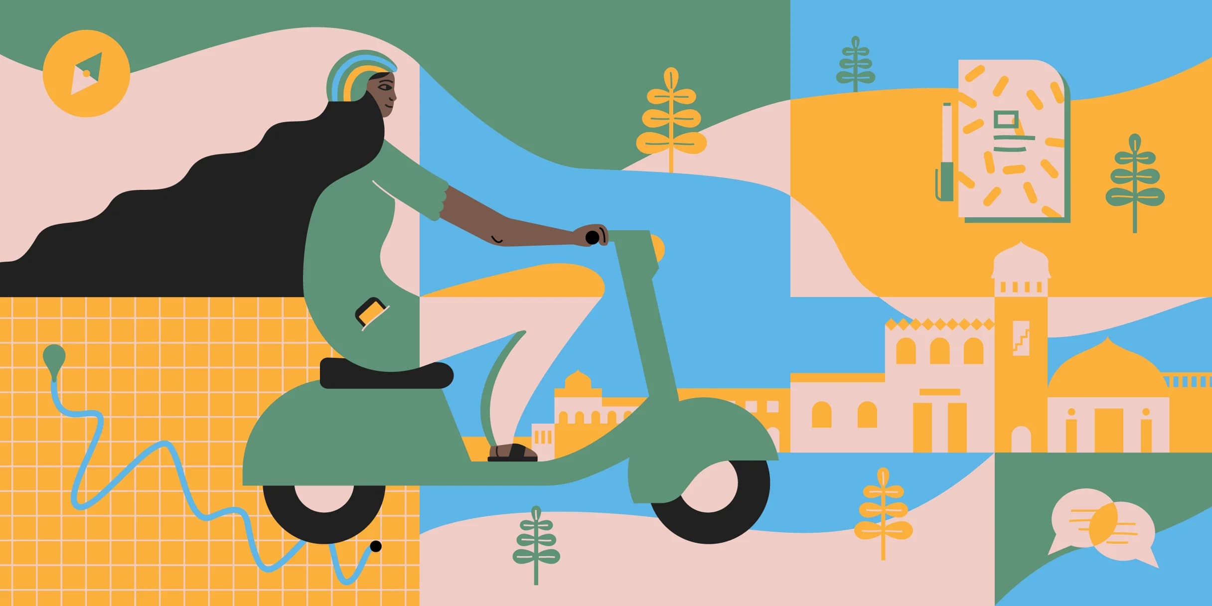 Woman rides a scooter through a colorful, geometric dreamscape featuring stylized buildings, plants, a notebook, and a navigation icon.
