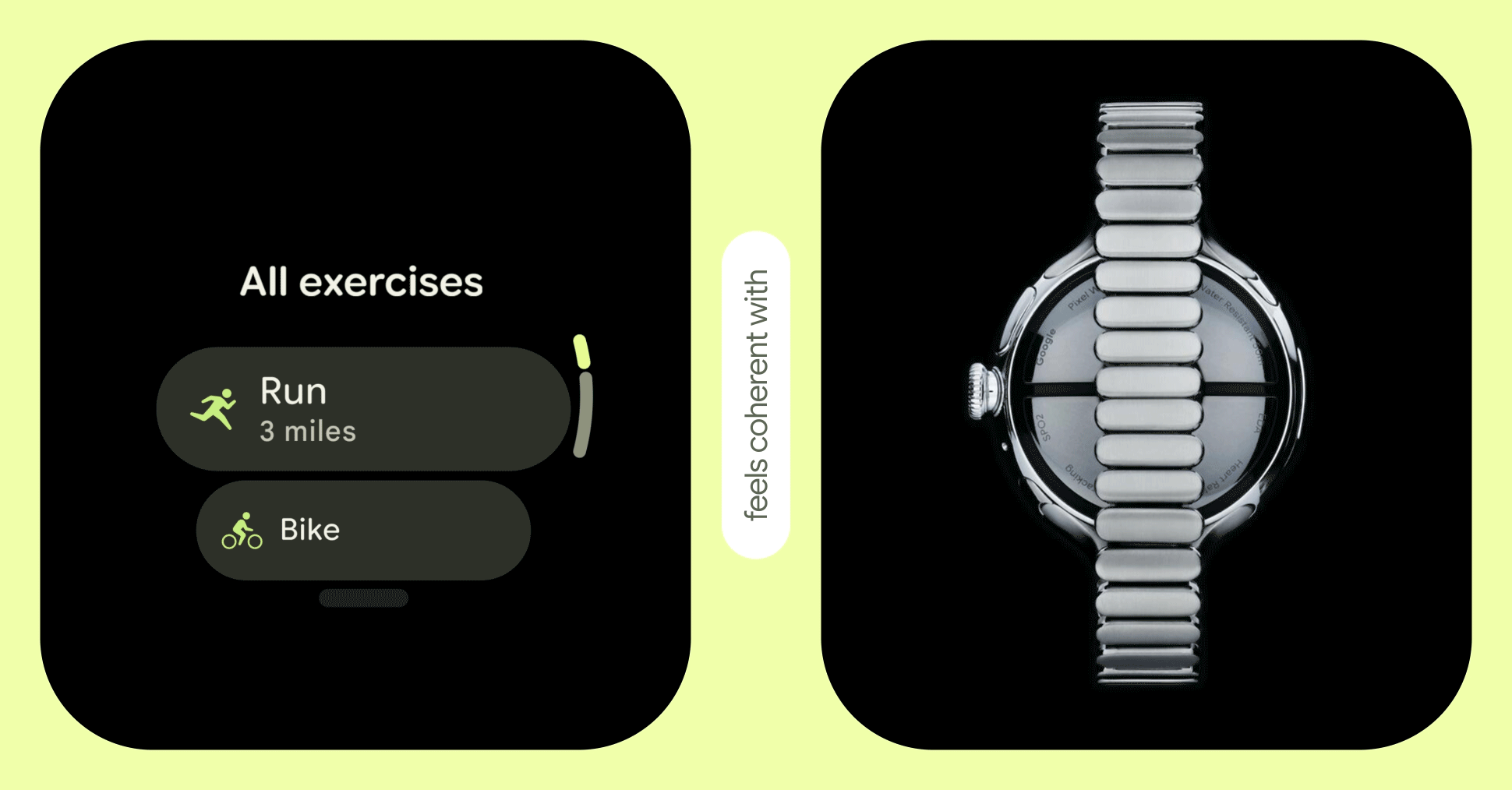 Dark menu interface scrolls through list items next to a metallic watch band with matching shapes.