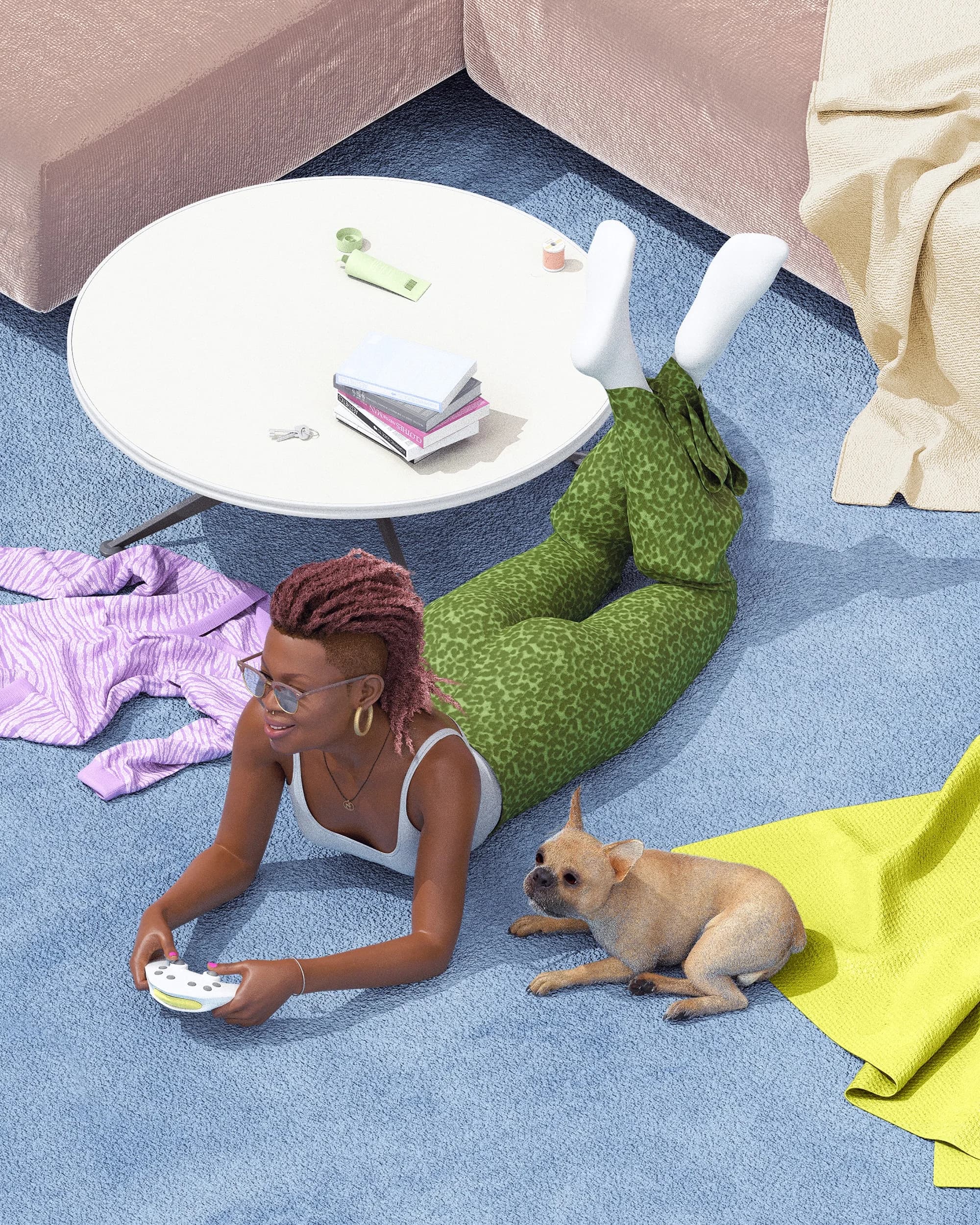 Woman relaxes on a blue rug, playing a video game with her dog at her side. A small table, sofa, and blanket complete the cozy scene.