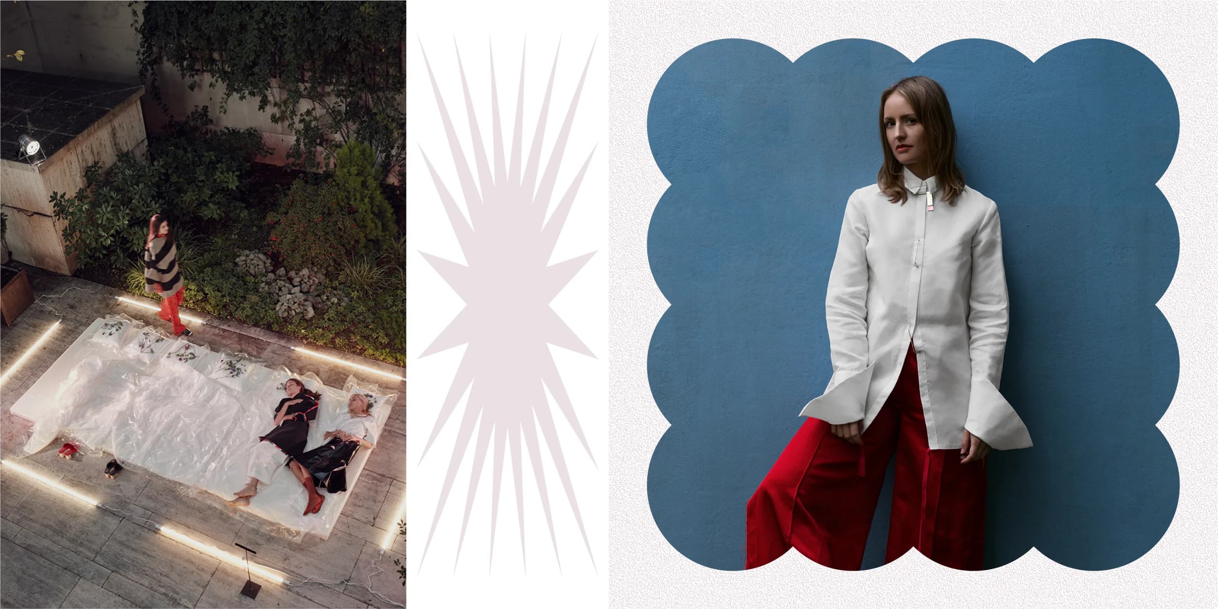 Three panels: Left, models on a plastic-covered mattress, one standing. Middle, pale starburst graphic. Right, model in white shirt and red pants against a blue wall.