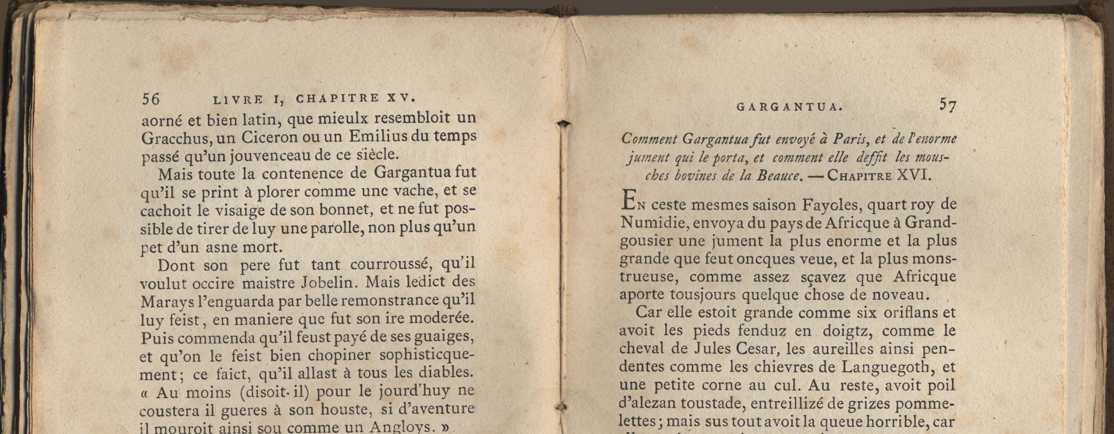 Two aged, yellowed pages of Gargantua, Chapters XV and XVI, tell of Gargantua's education and a monstrous mare.