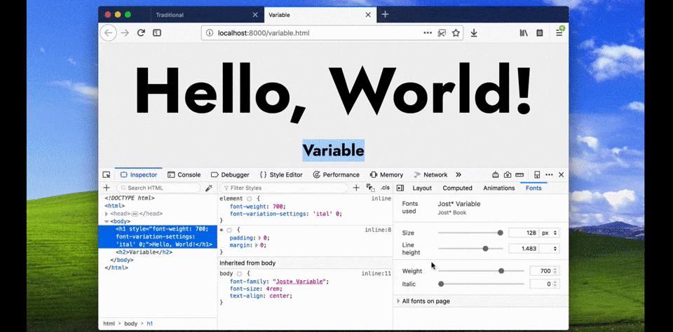 Code editor showing italic style customization within the "Fonts" settings. "Hello, World!" displays in a large, bold, non-italic font.