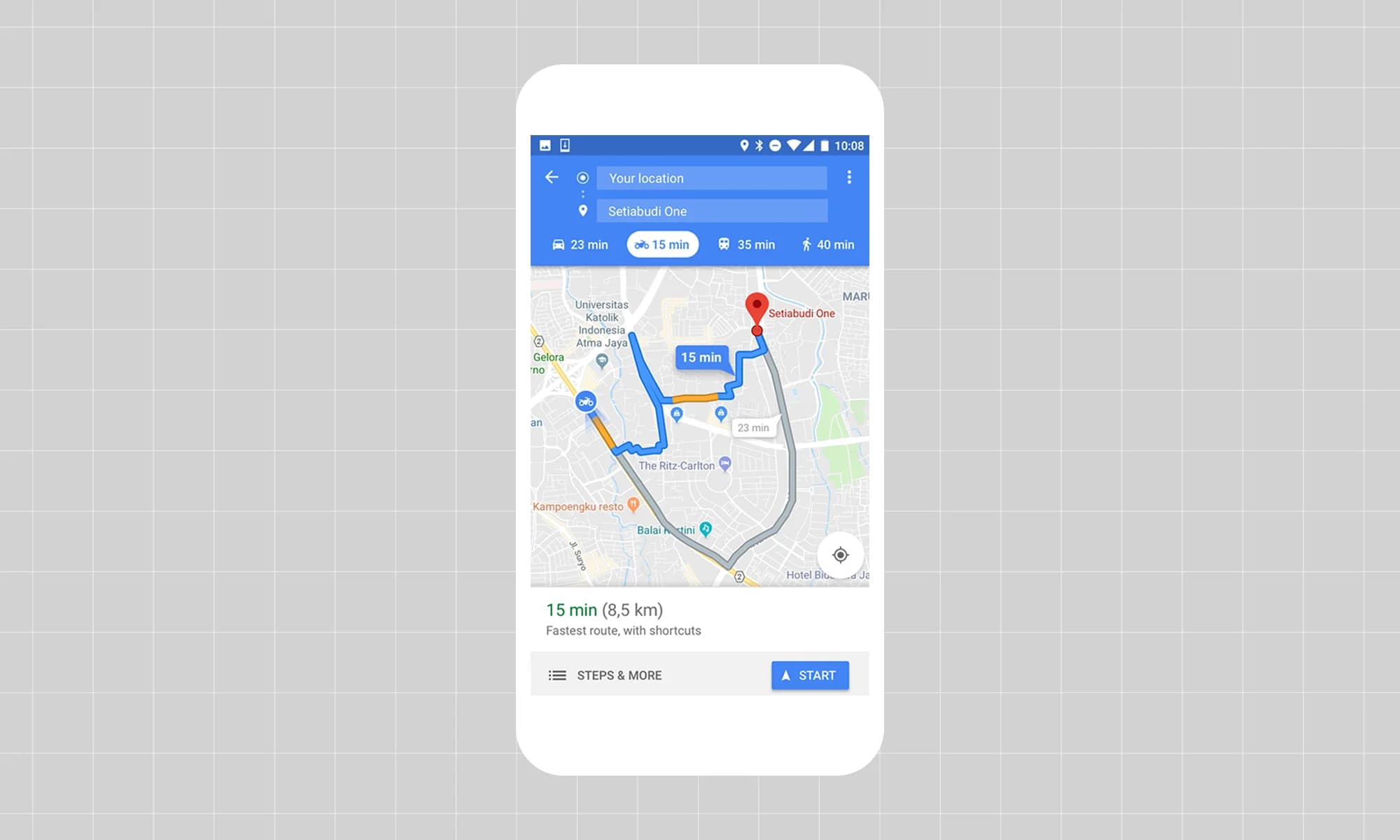Google Maps mobile app displays a 15-min (8.5 km) motorcycle route to Setiabudi One.