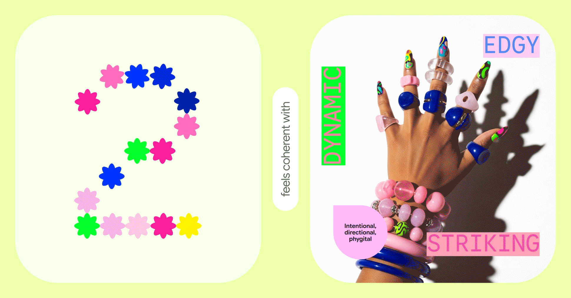 Starburst shapes form a number next to a hand with chunky jewelry, text labels read “dynamic,” “edgy,” and “striking.”