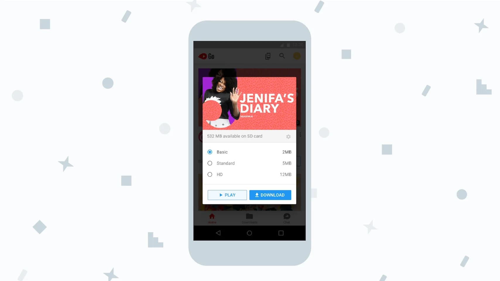 YouTube Go app open to Jenifa's Diary, Season 4. Download options in basic, standard, or HD quality are shown. Play and Download buttons at the bottom.