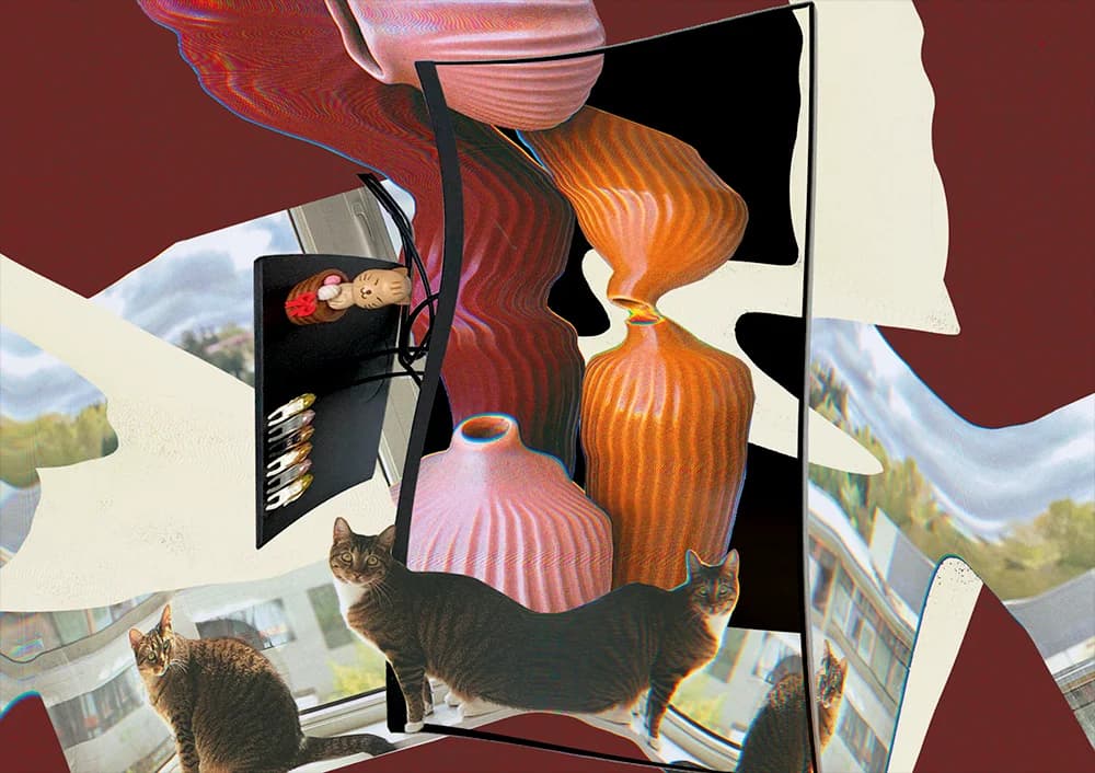 Distorted pink & orange vases, a cat figurine, makeup brushes, and two tabby cats by a window.
