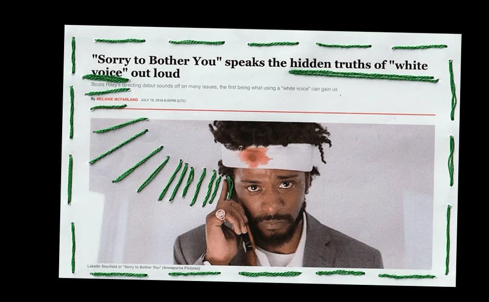 Newspaper clipping about "Sorry to Bother You," framed with green thread.