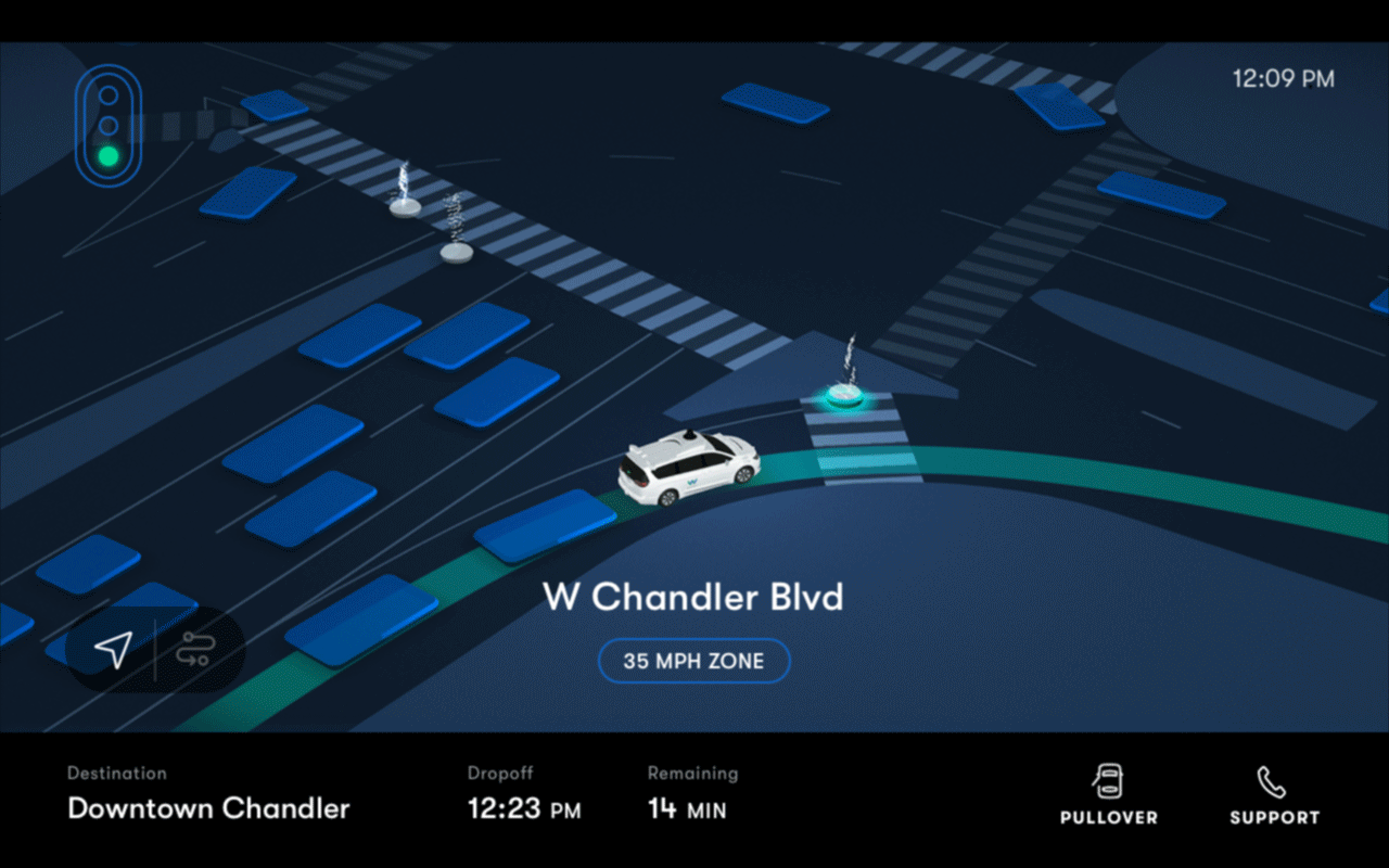 A self-driving car navigates a dark, illustrated map. The in-app interface shows the destination, ETA, and speed limit.