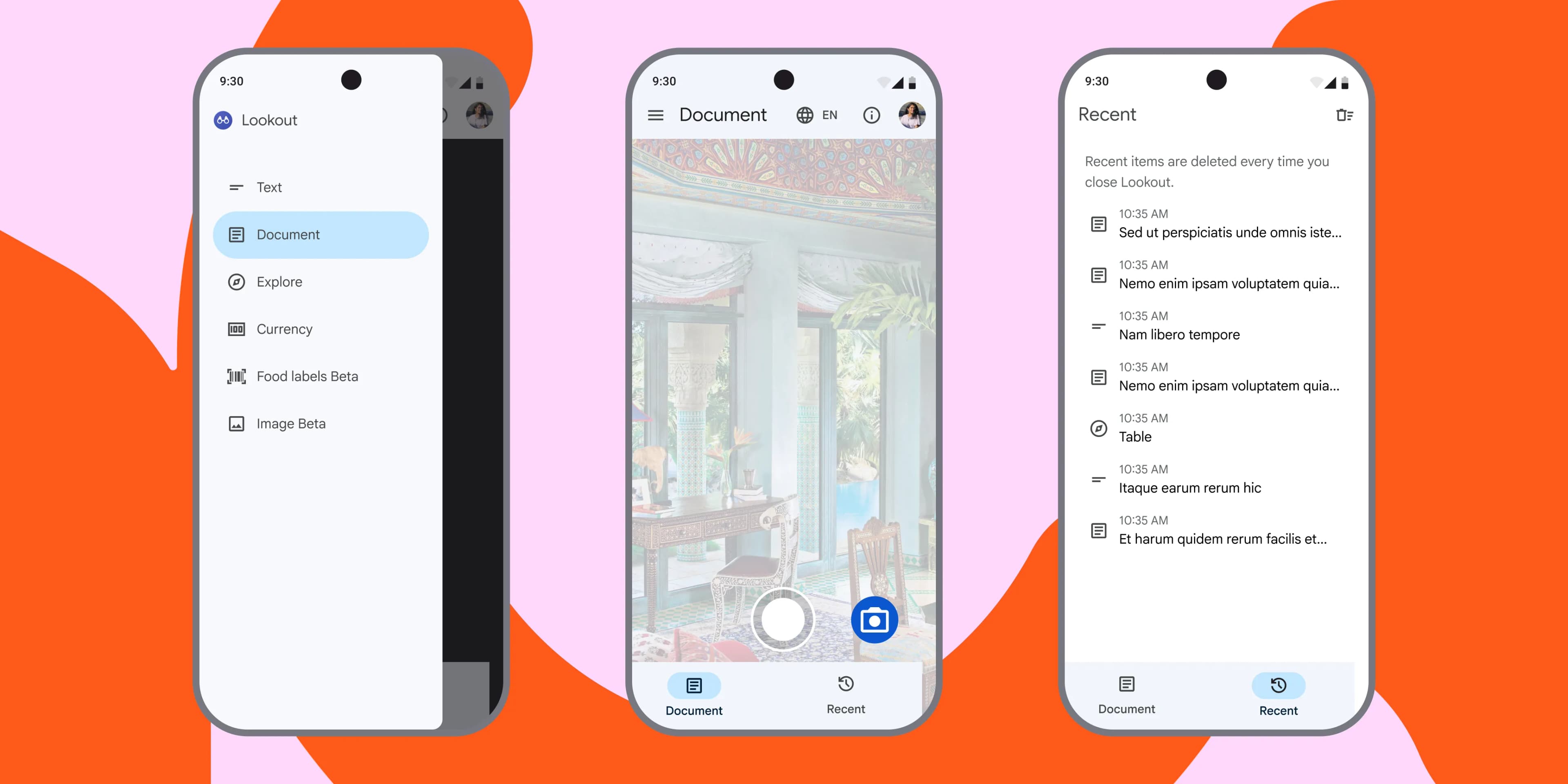 3 views of the Lookout app with options like 'Text', 'Document', and 'Recent'.