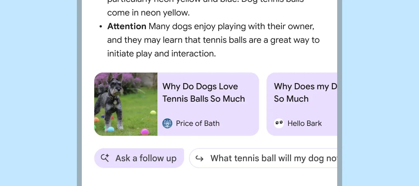 Search results page about tennis balls for dogs. An AI-powered suggested action reads, “Ask a follow-up.”