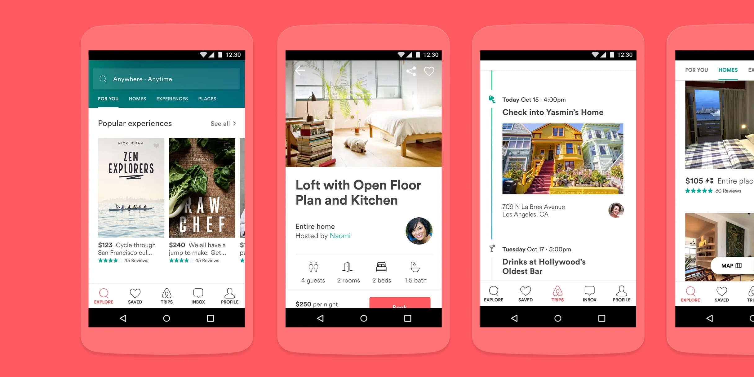 Four screenshots of Airbnb app displaying homes, experiences, and trip details. Features include booking, saving, messaging, and user profiles.