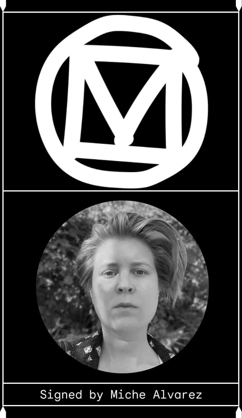 Marker-drawn "M" resembling the Material Design logo above an unsmiling artistic person. Signed by Miche Alvarez.
