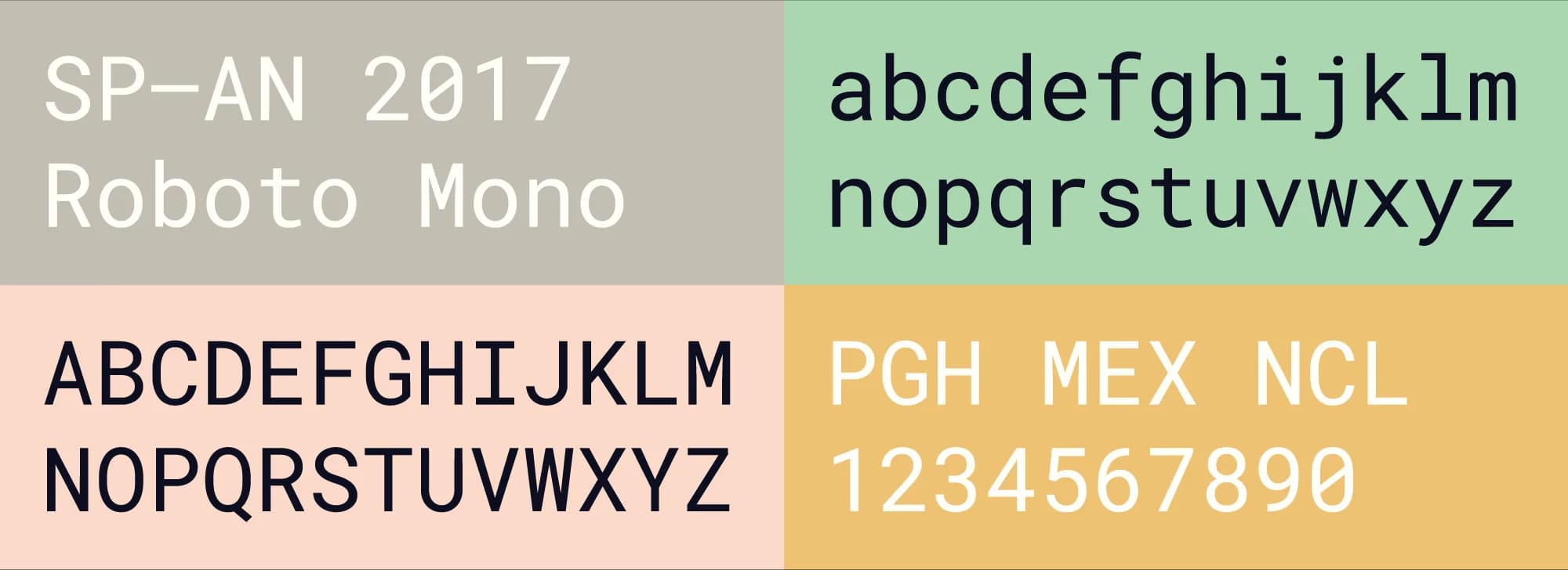 Roboto Mono typeface sample. Shows uppercase and lowercase letters, numerals, in regular and bold weights, against contrasting backgrounds.