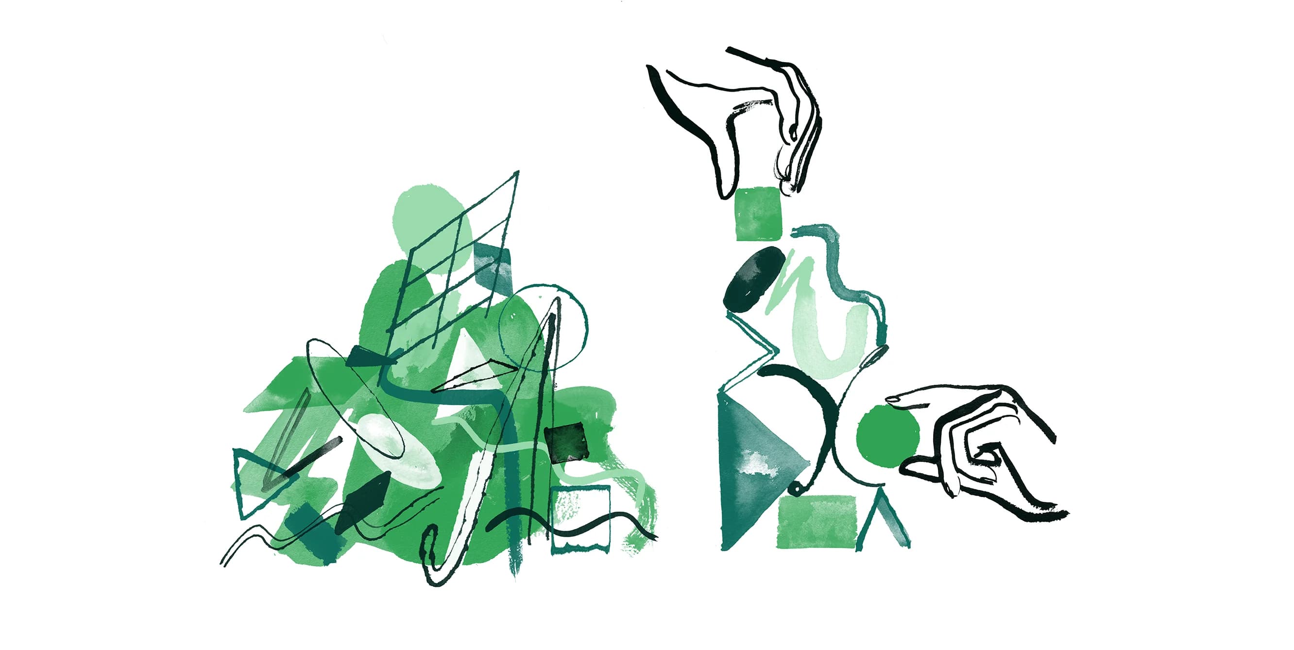 Abstract green shapes and black lines cluster on the left.