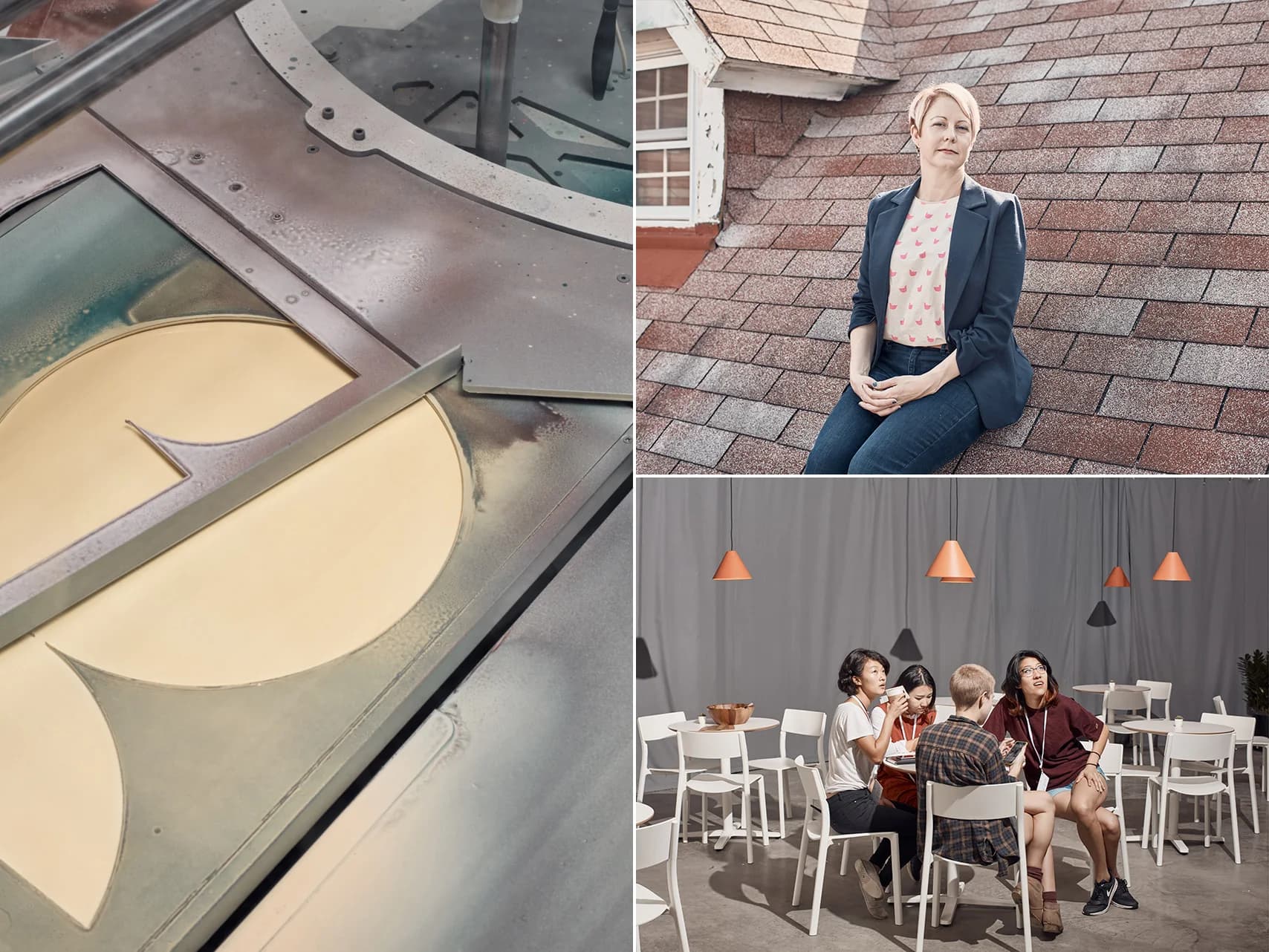 Top left: Close-up of metal type pieces. Top right: Woman sits on a shingled roof. Bottom: People sit at small cafe tables, talking.