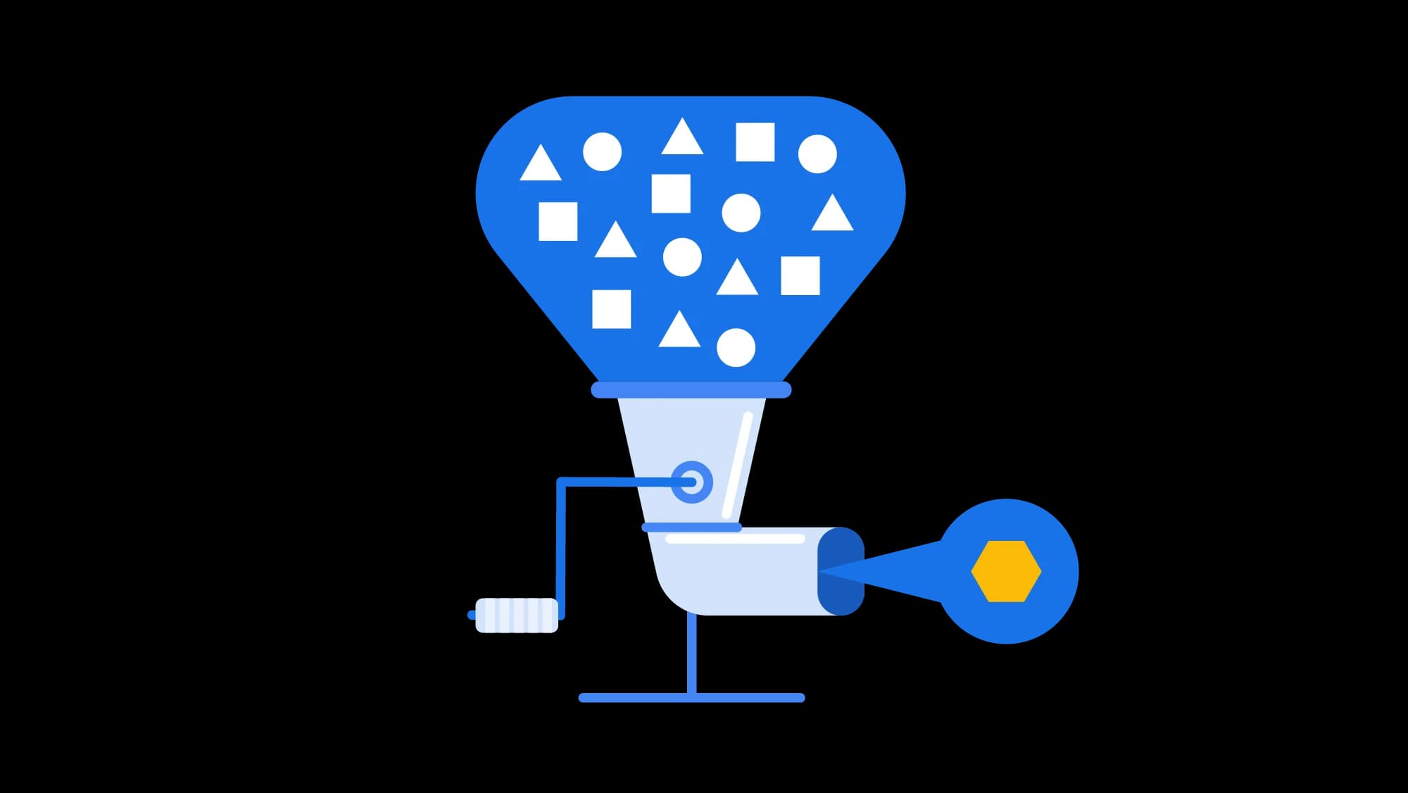 A whimsical, blue machine cranks shapes—circles, squares, and triangles—into a single hexagon.