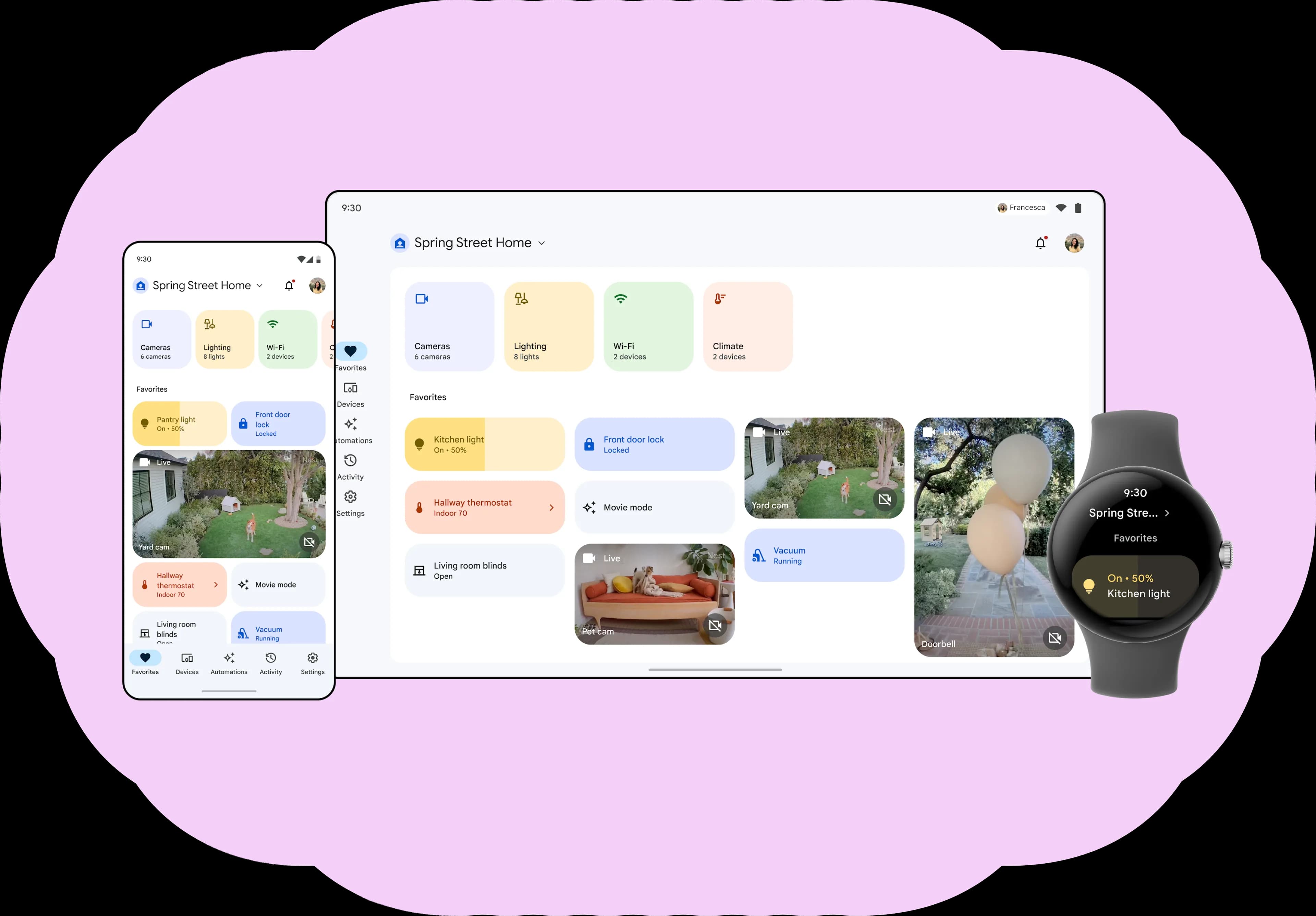 Google Home app displayed on phone, tablet, and watch. The app shows security cameras, lighting controls, and smart home devices.