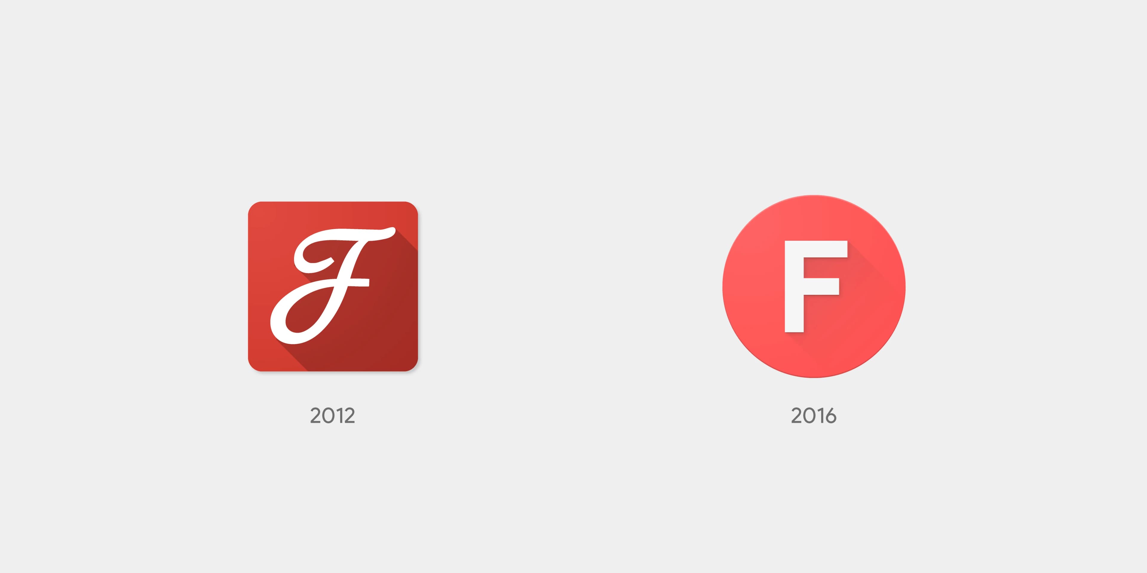 Google Fonts logo evolution. 2012: white cursive "f" on a red rounded square. 2016: white block "F" on a coral circle.