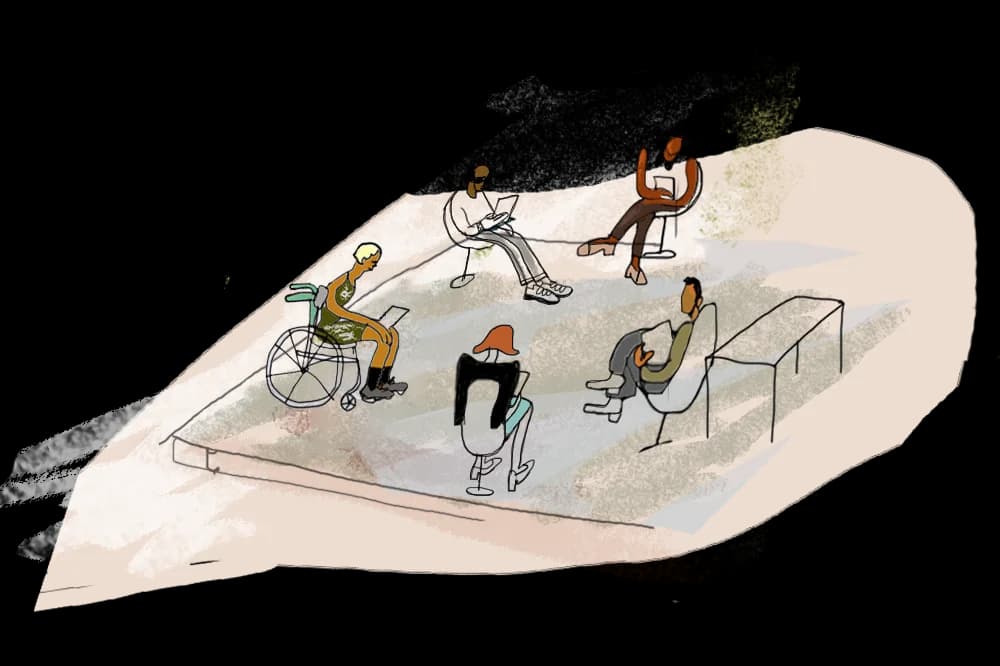 Five people sit in various chairs during a casual meeting on a beige platform.