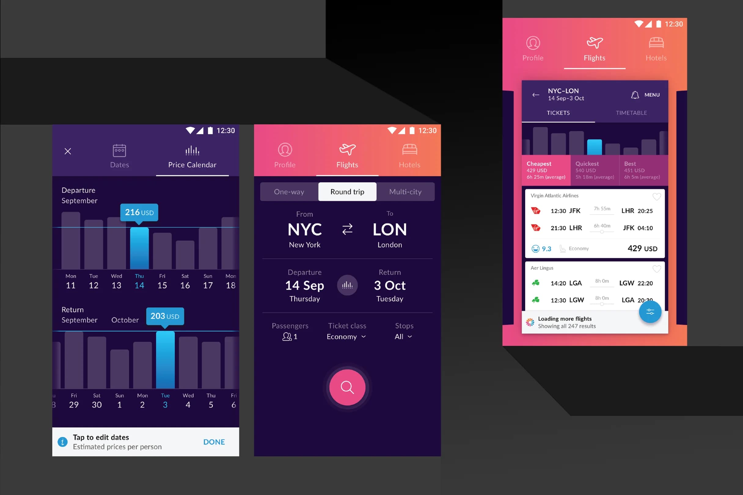 Flight booking app showing price calendar, route selection, departure/return dates, passenger info, and flight results.