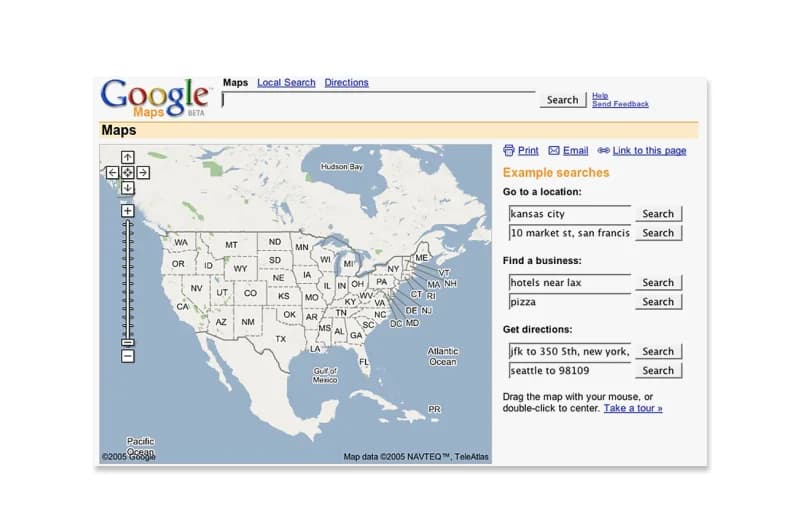 Screenshot of an early version of Google Maps showing a map of North America.