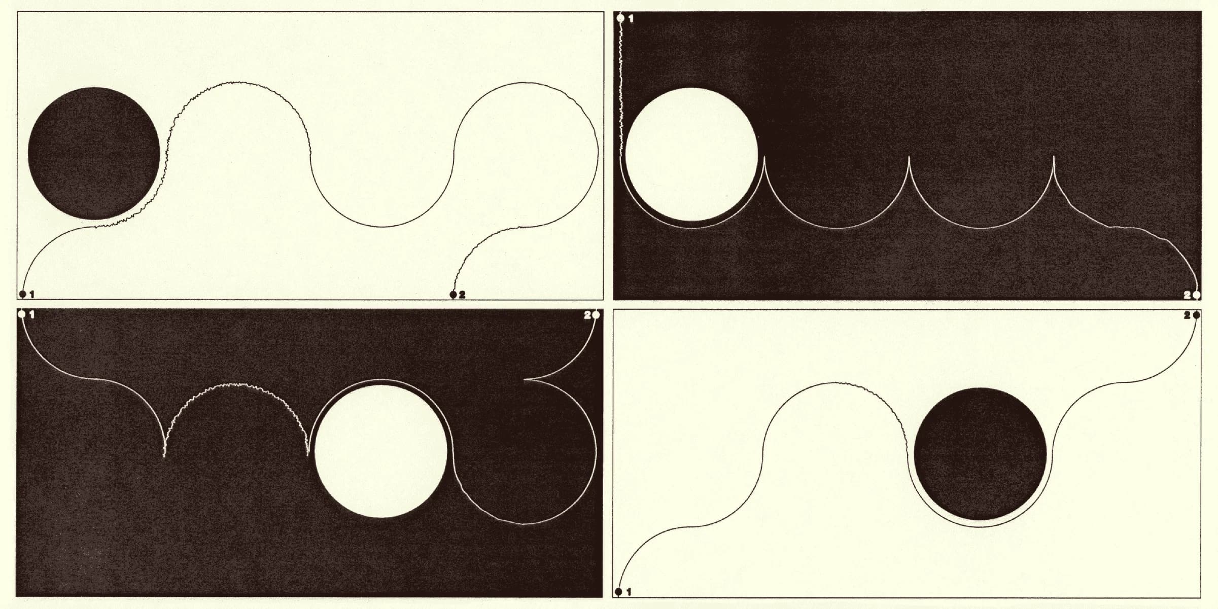 Four variations of a design with two points connected by a wavy line intersecting a circle.