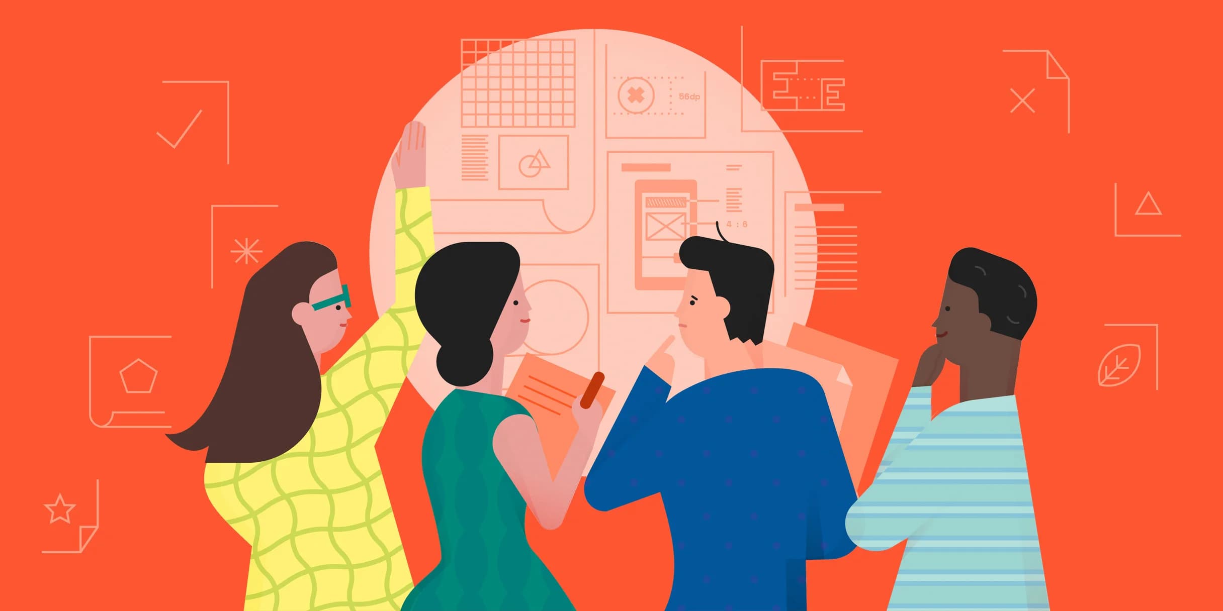 Four people collaborate on a design project. They stand before a large, circular board displaying wireframes, mockups, and notes.
