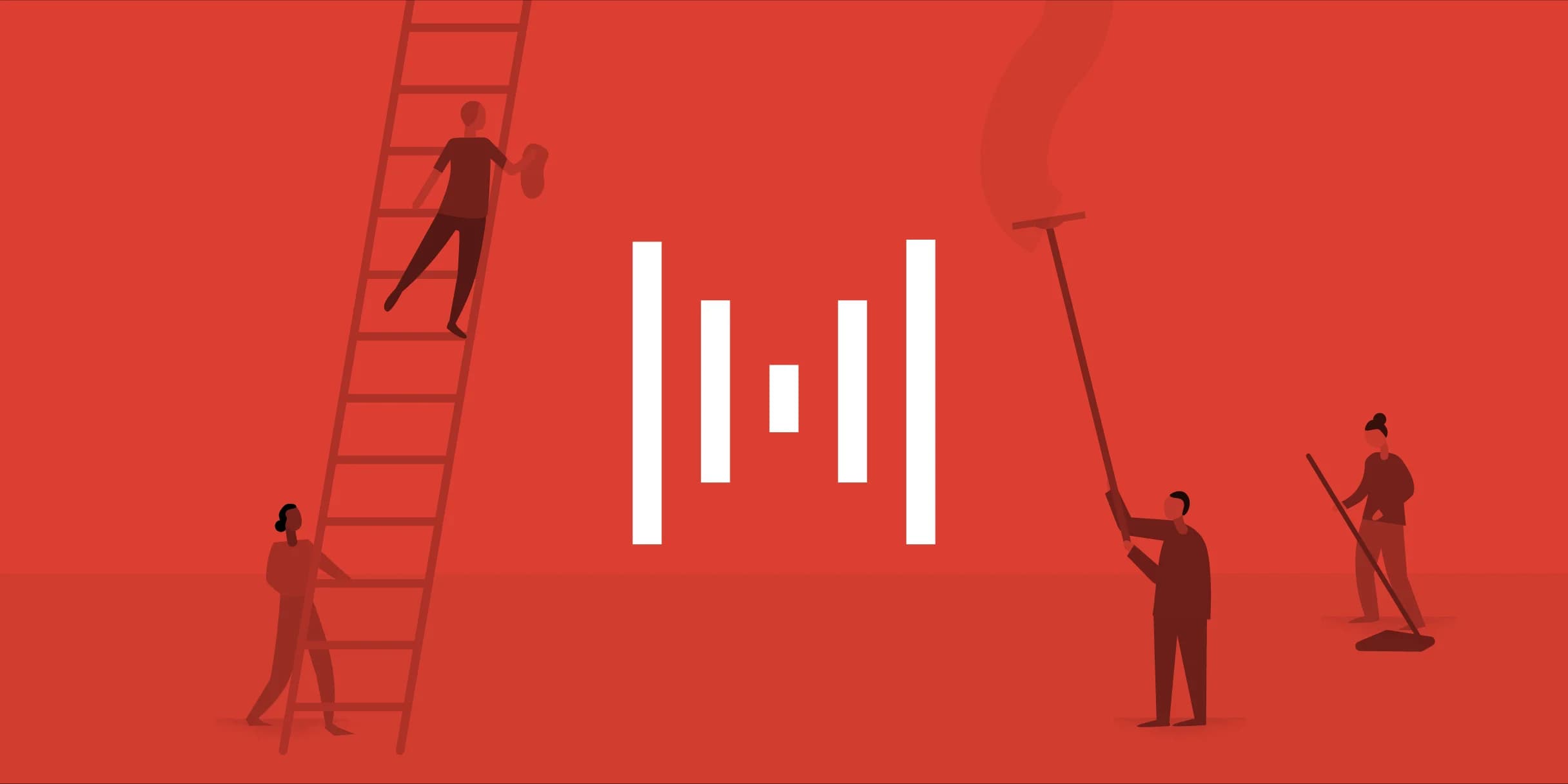 Team members work together: One climbs a ladder to wipe a stylized, white bar chart, another dusts the chart with an extended duster, a third sweeps the floor.