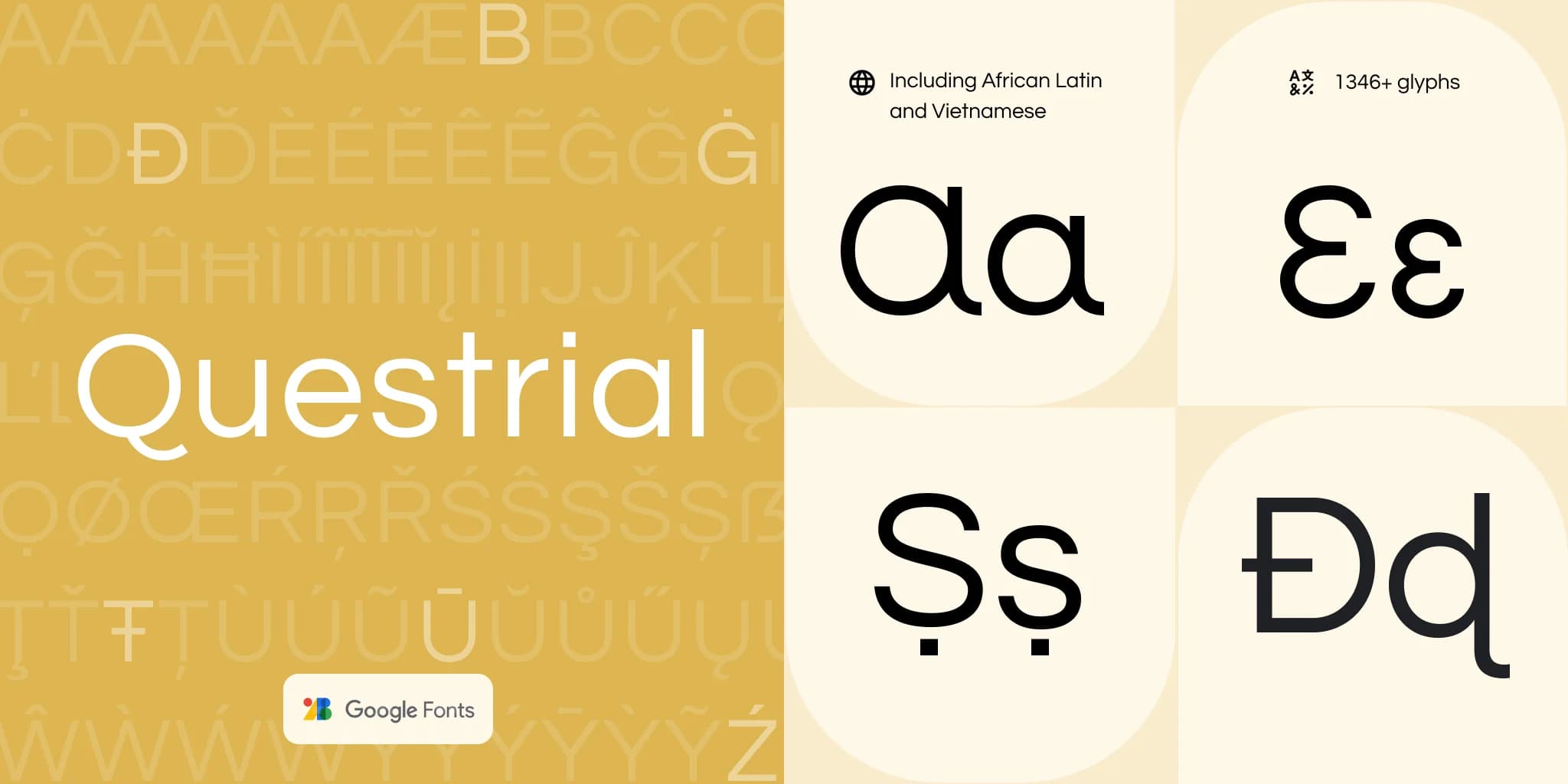Questrial font sample. Rounded geometric sans serif typeface. Includes Vietnamese and African Latin glyphs.