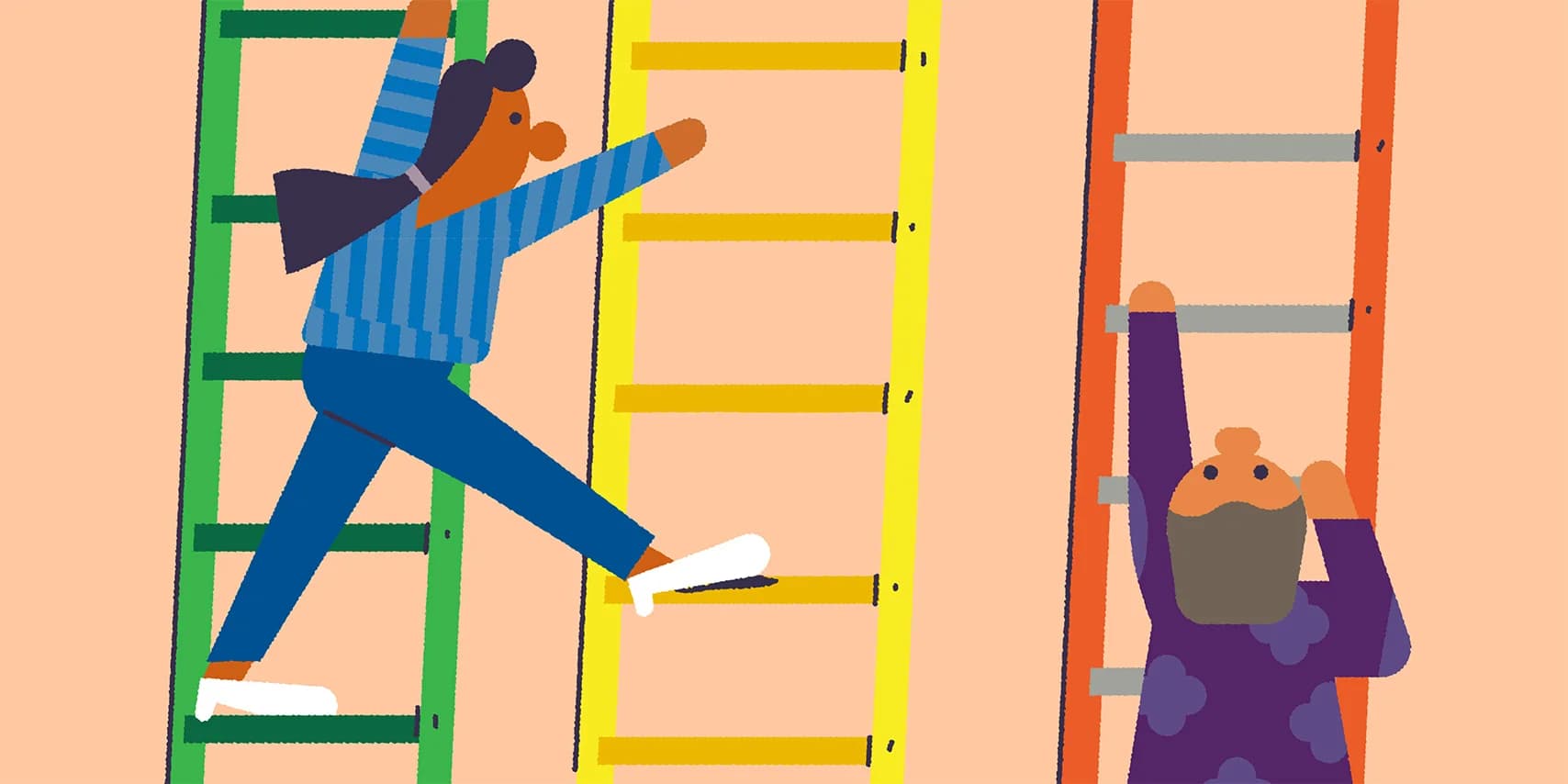 Two people climb different ladders. One confidently strides up a green ladder, while the other hesitantly clings to an orange one.